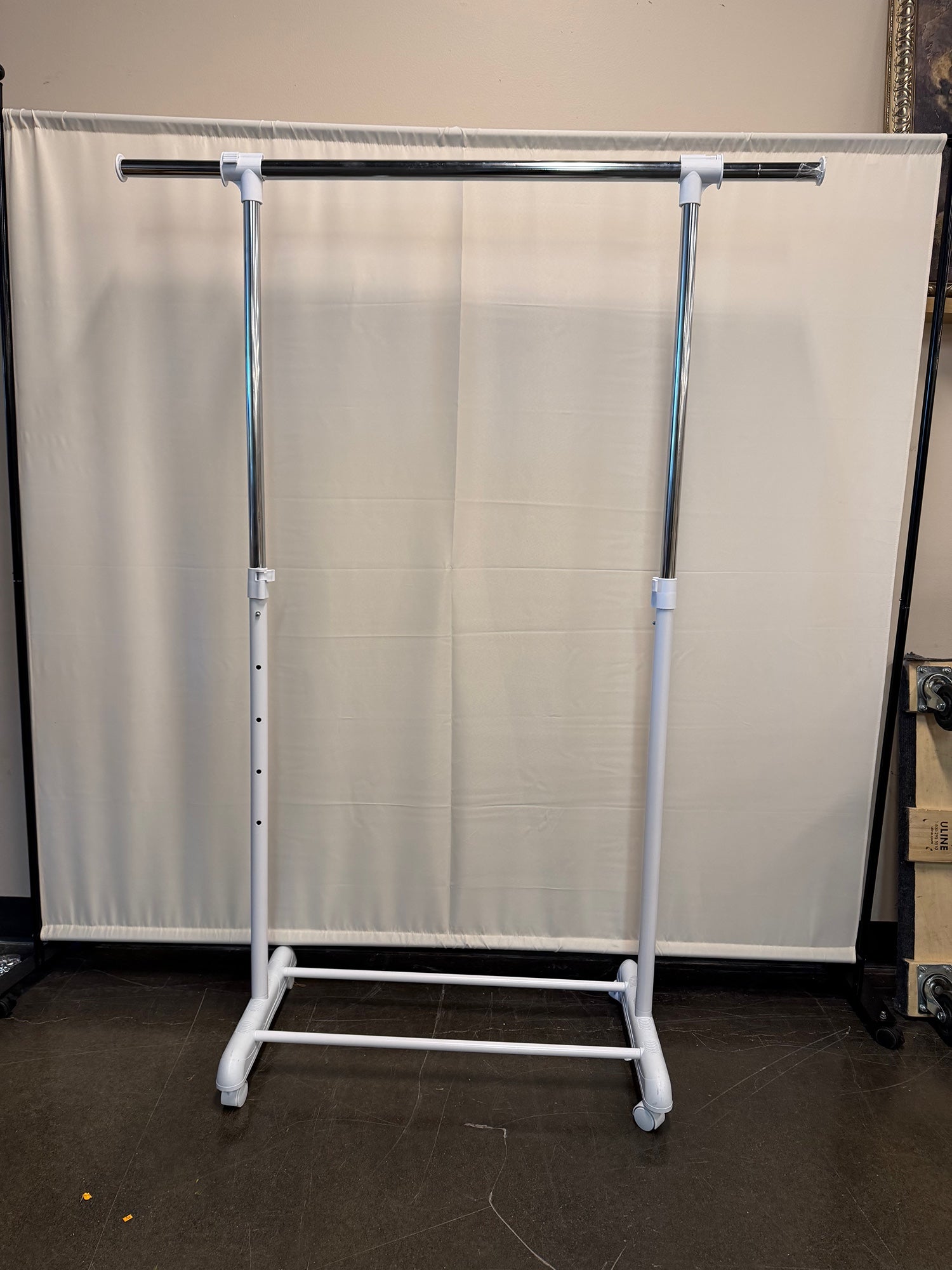 Chrome and White Rolling Garment Rack with Casters