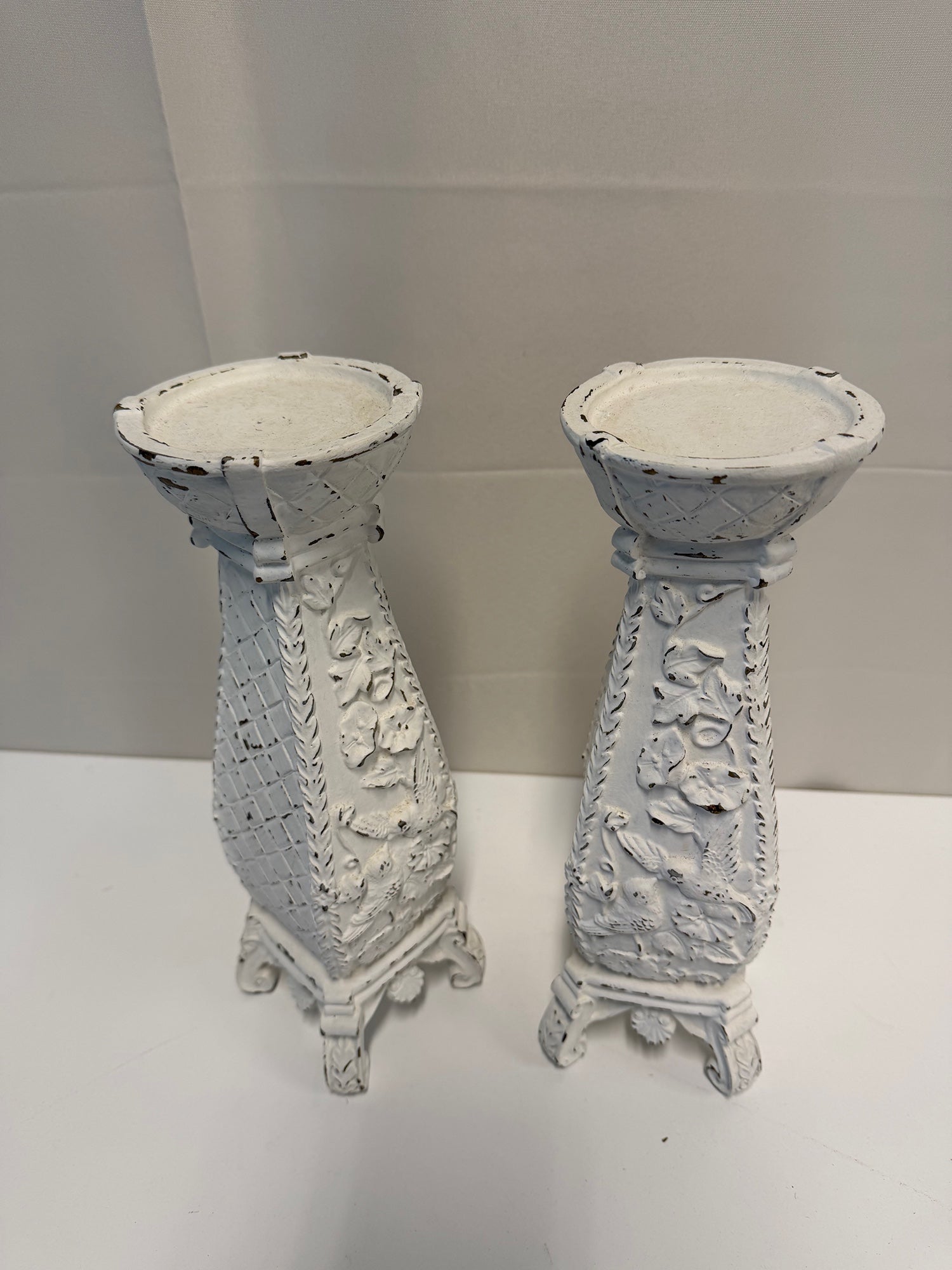 Pair of Chippy White Floral Candle Holders in Ceramic