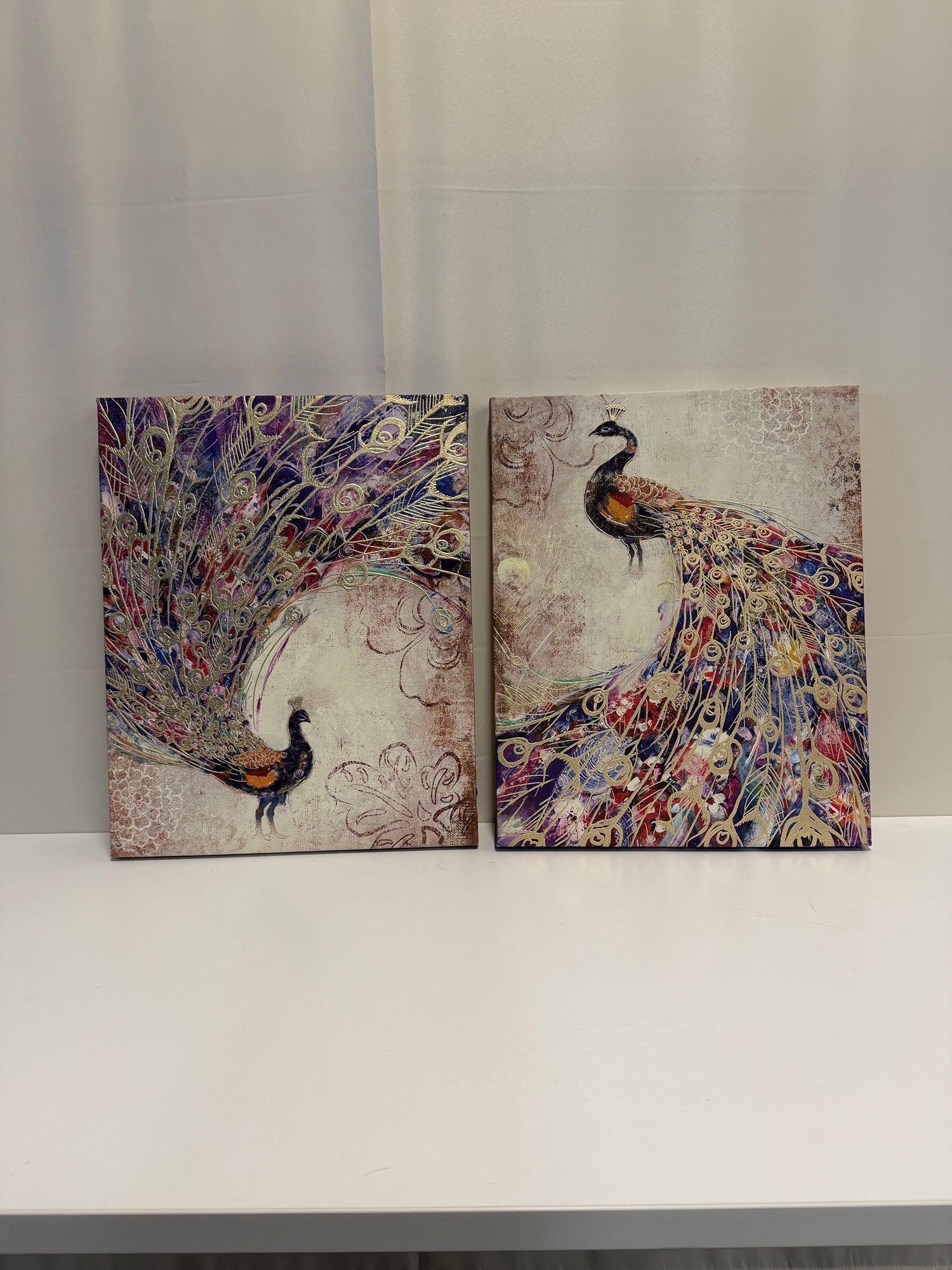 Pair of Peacock Canvas Wall Art with Gold Accents
