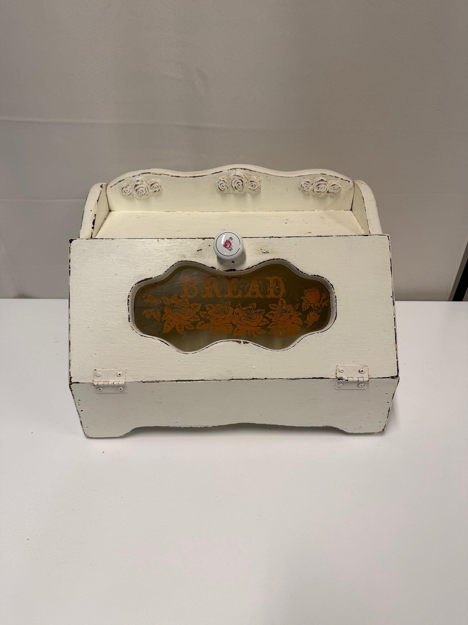 Vintage White Wooden Bread Box with Glass Window