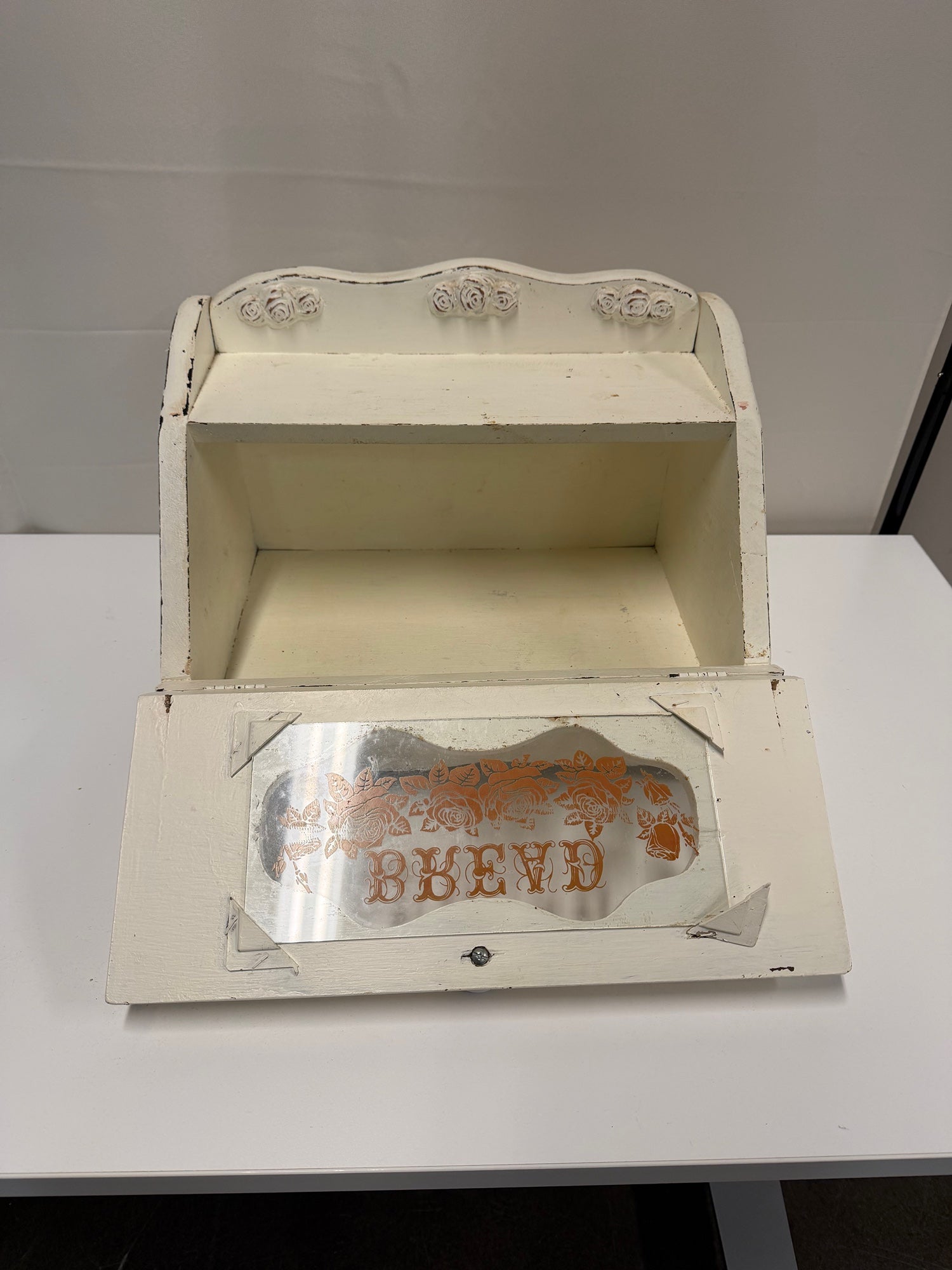 Vintage White Wooden Bread Box with Glass Window
