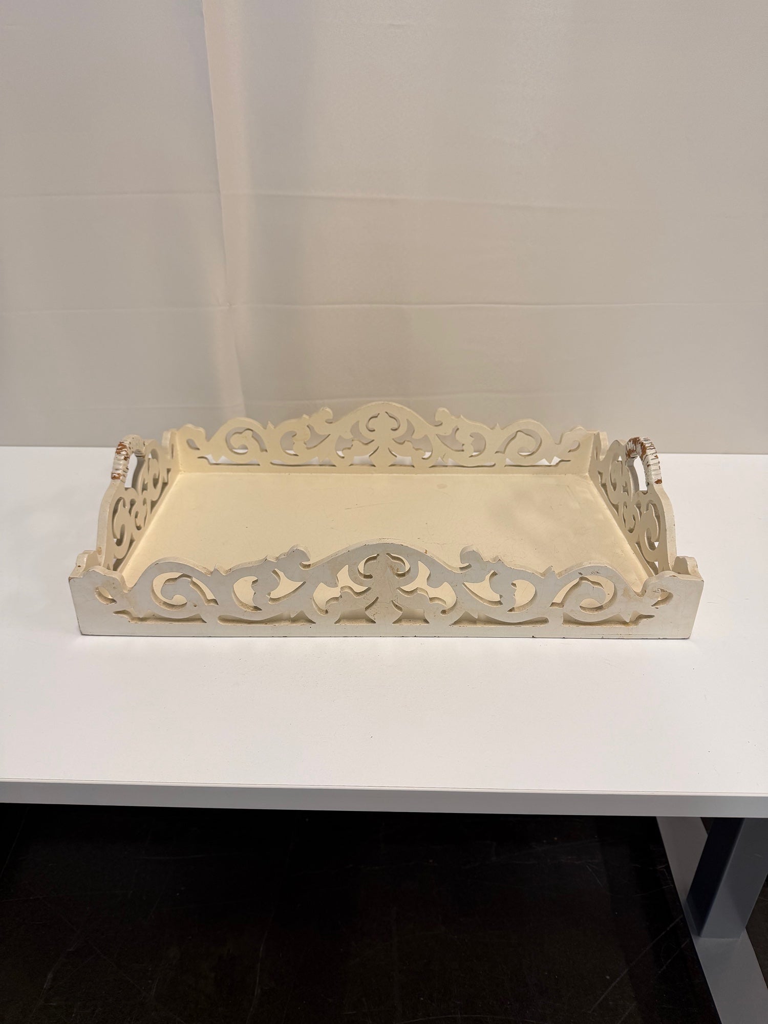 Cream Wood Scrollwork Tray with Wrapped Handles