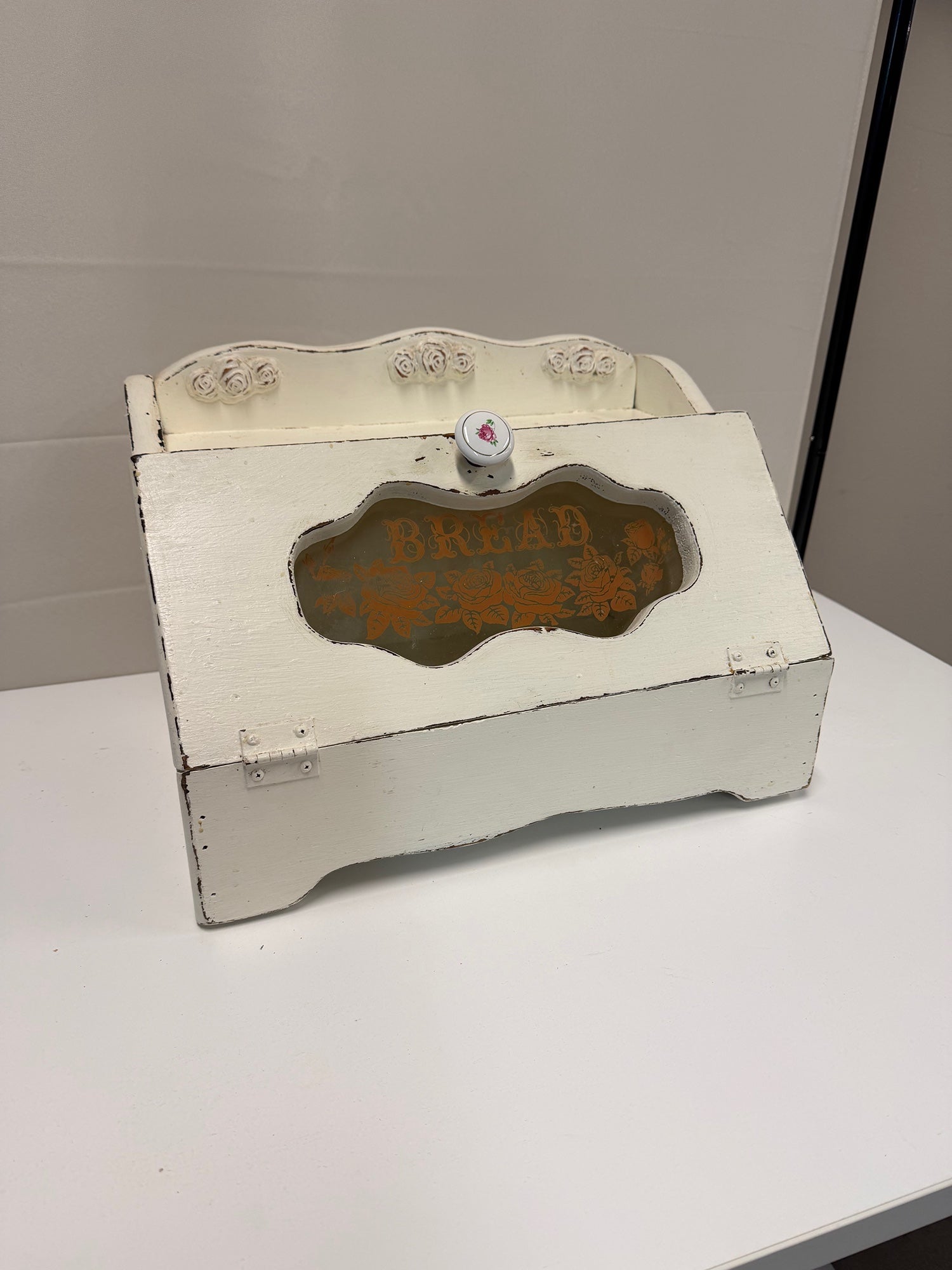 Vintage White Wooden Bread Box with Glass Window