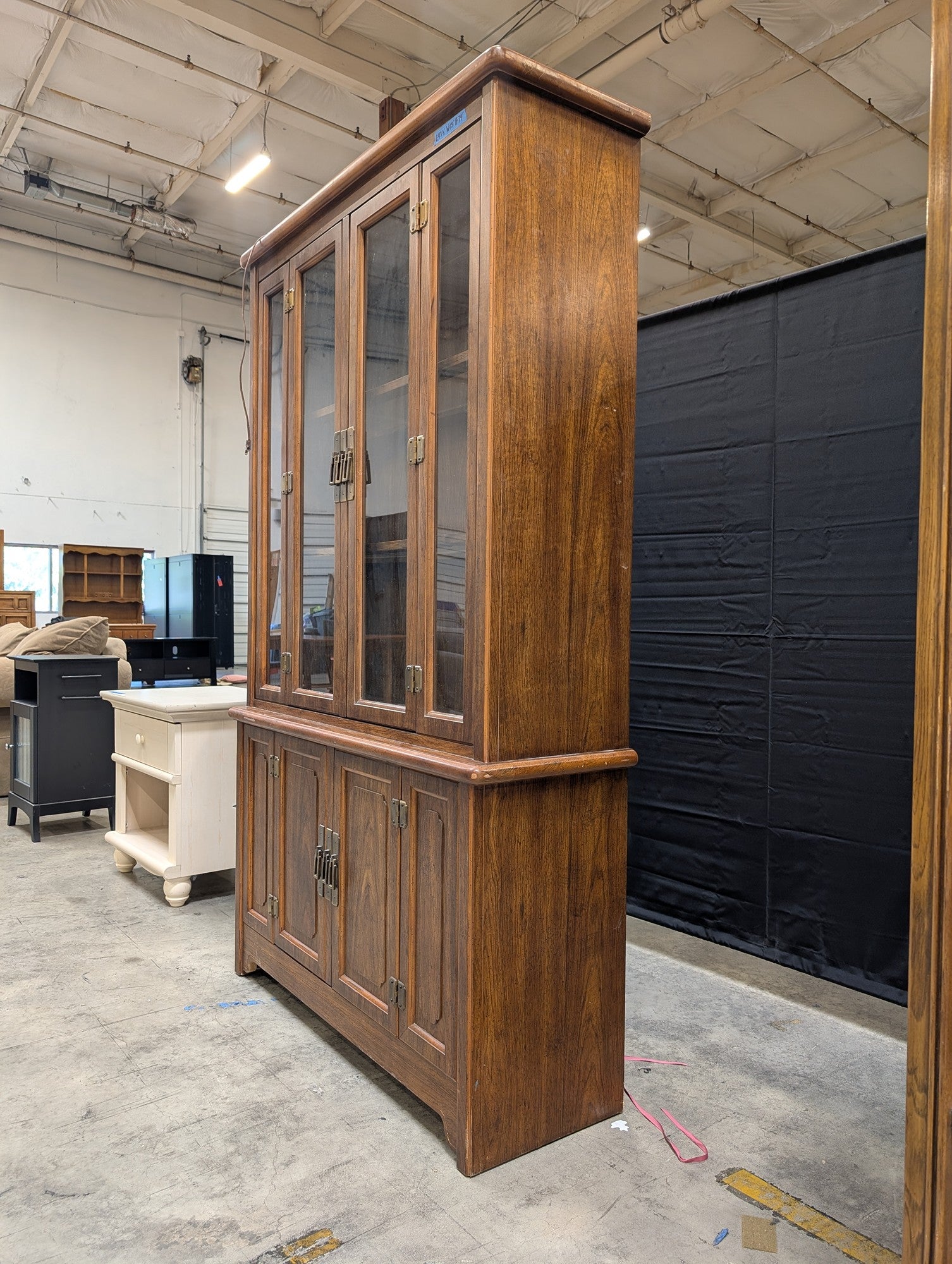 Dark Wood China Cabinet with Brass Hardware