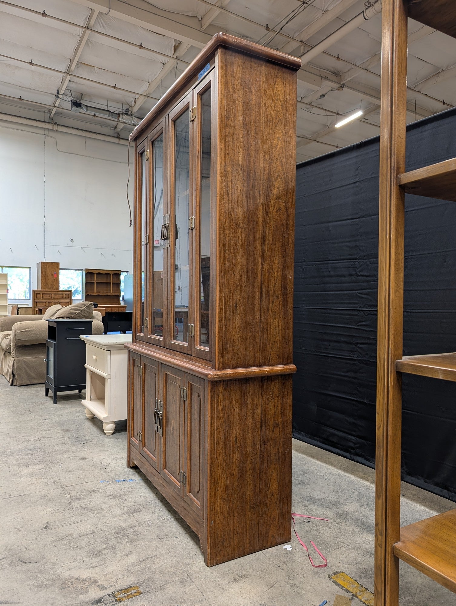 Dark Wood China Cabinet with Brass Hardware