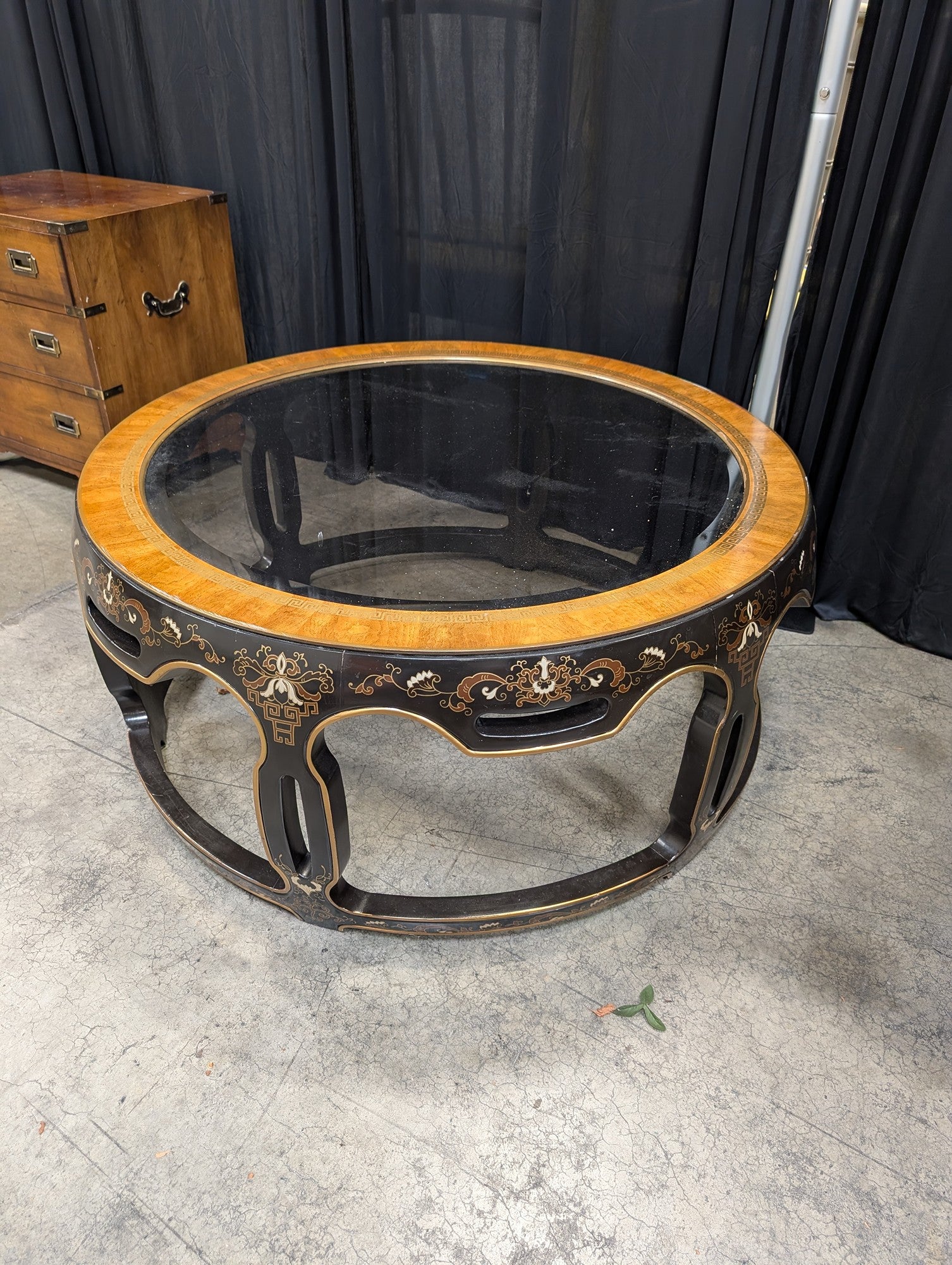 Ornate Black and Gold Round Coffee Table with Glass Top