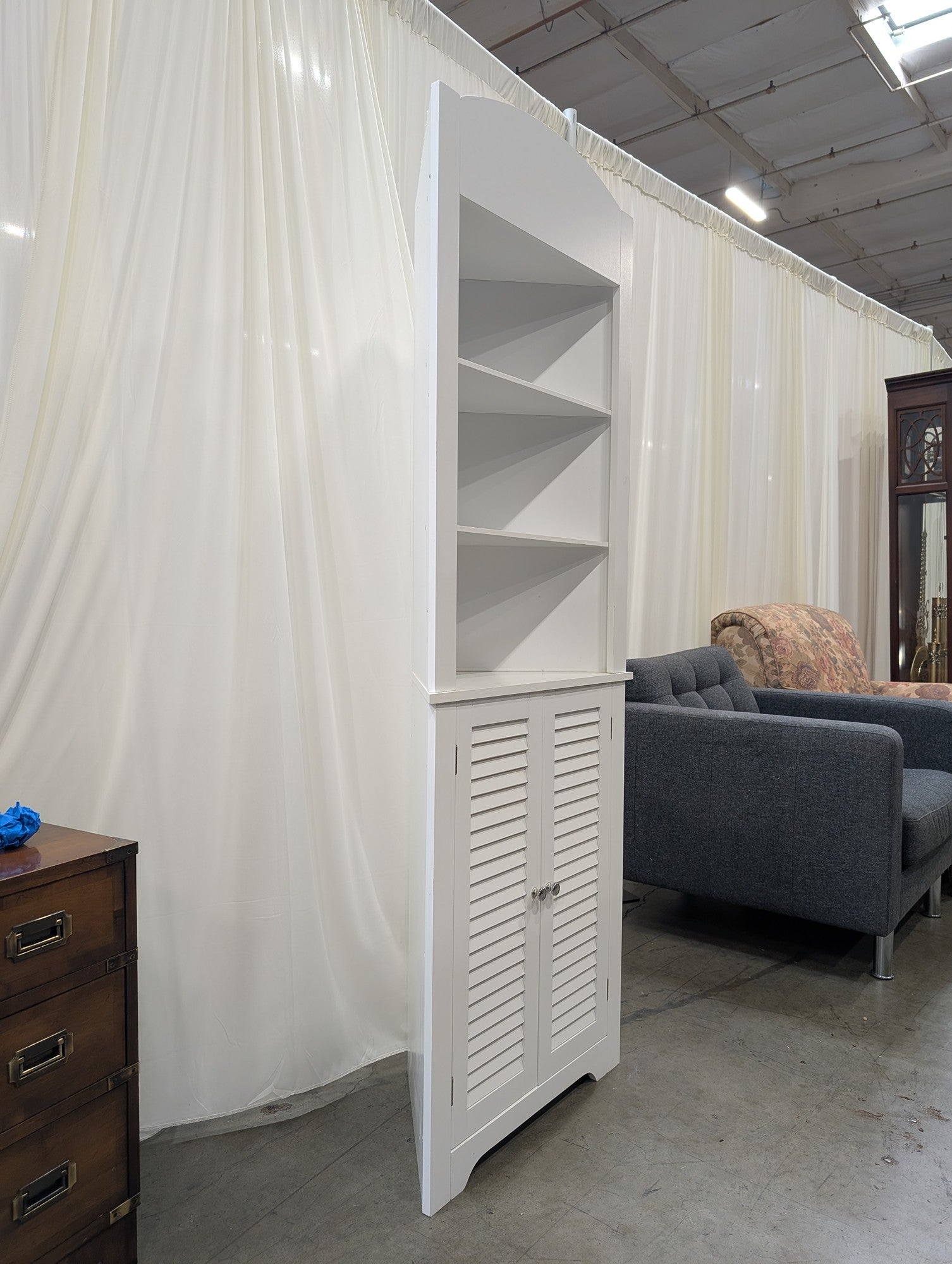White Wood Corner Bookcase with Louvered Doors