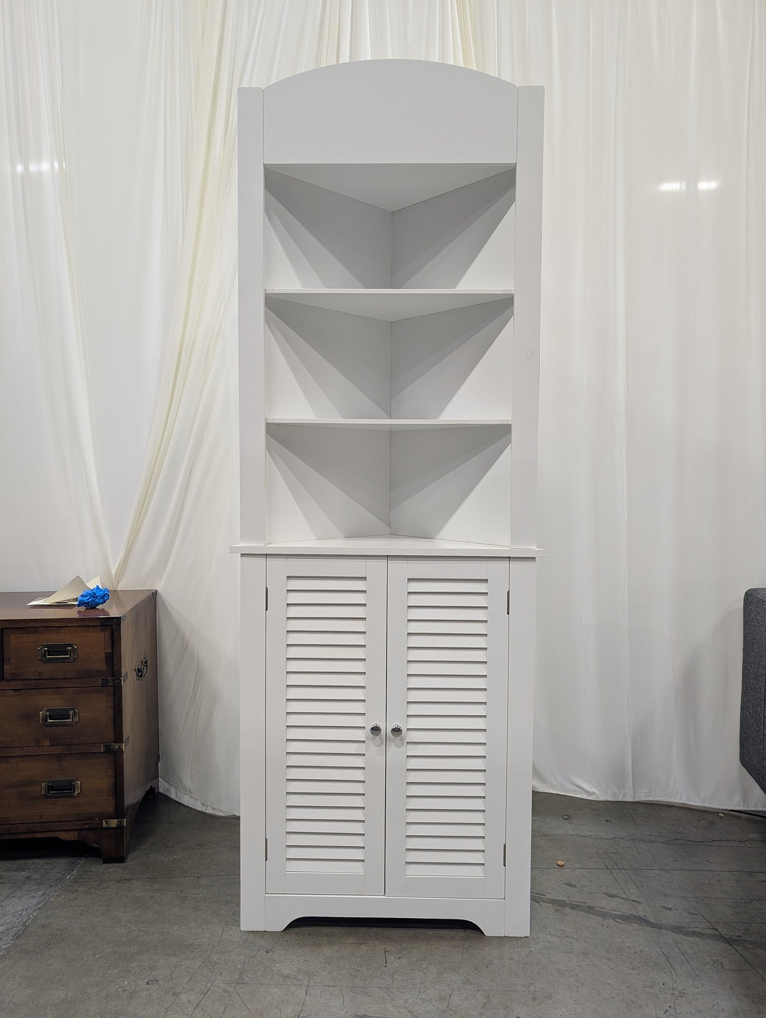 White Wood Corner Bookcase with Louvered Doors