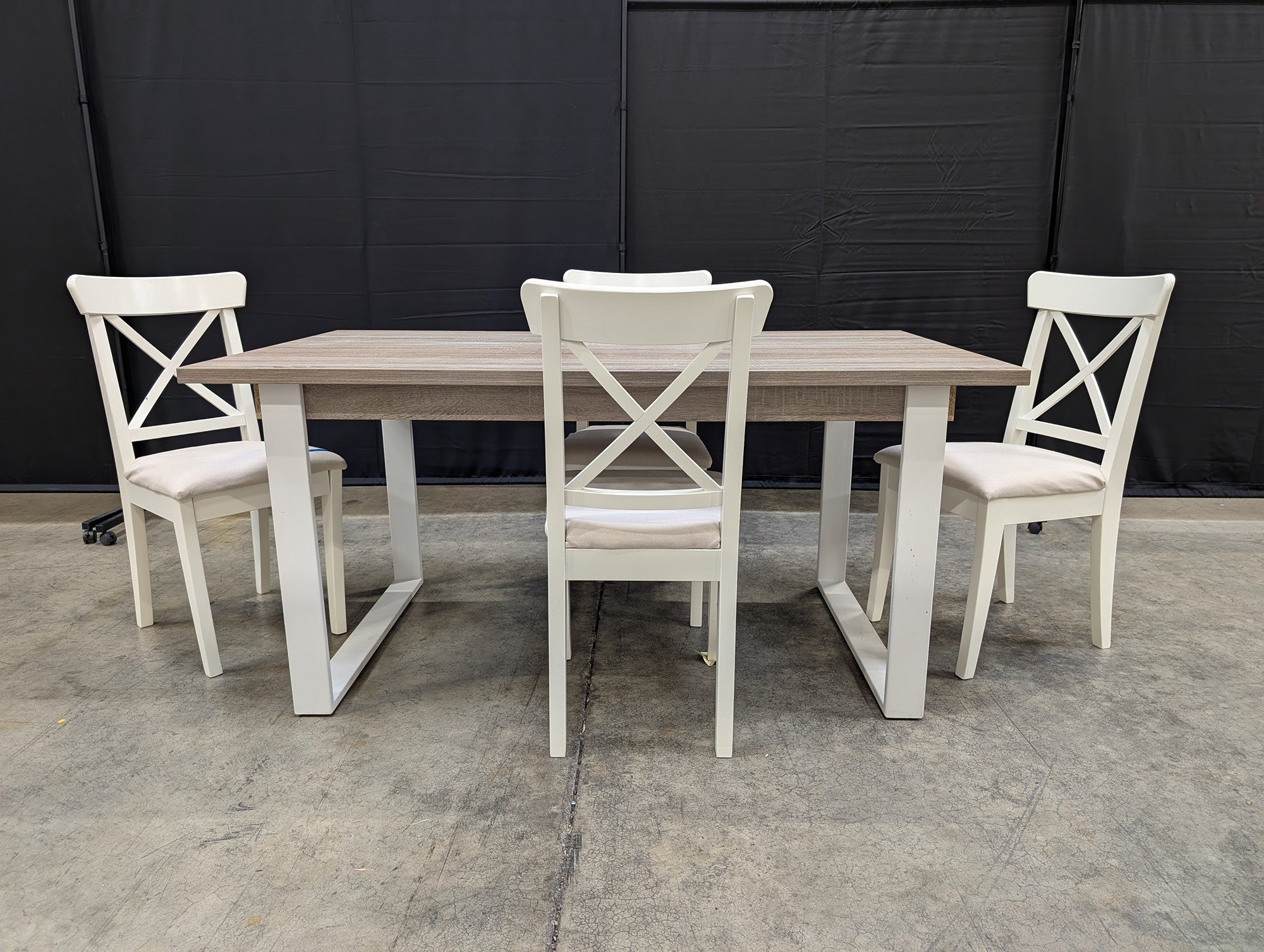Ikea Light Wood Grain Top Dining Table with Four White Chairs