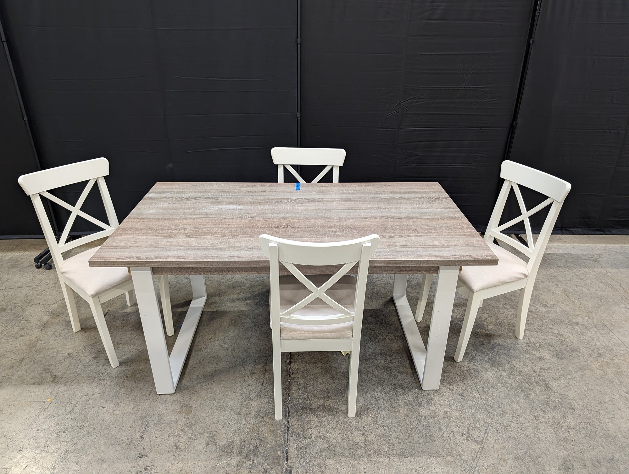 Ikea Light Wood Grain Top Dining Table with Four White Chairs