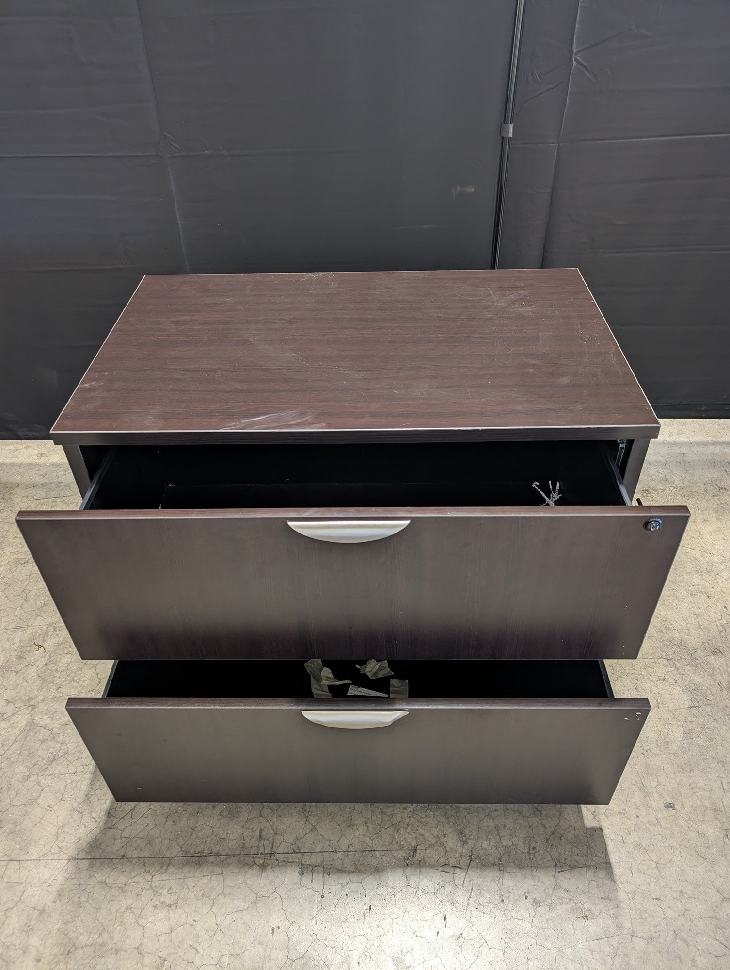 Espresso Two-Drawer Filing Cabinet with Silver Handles
