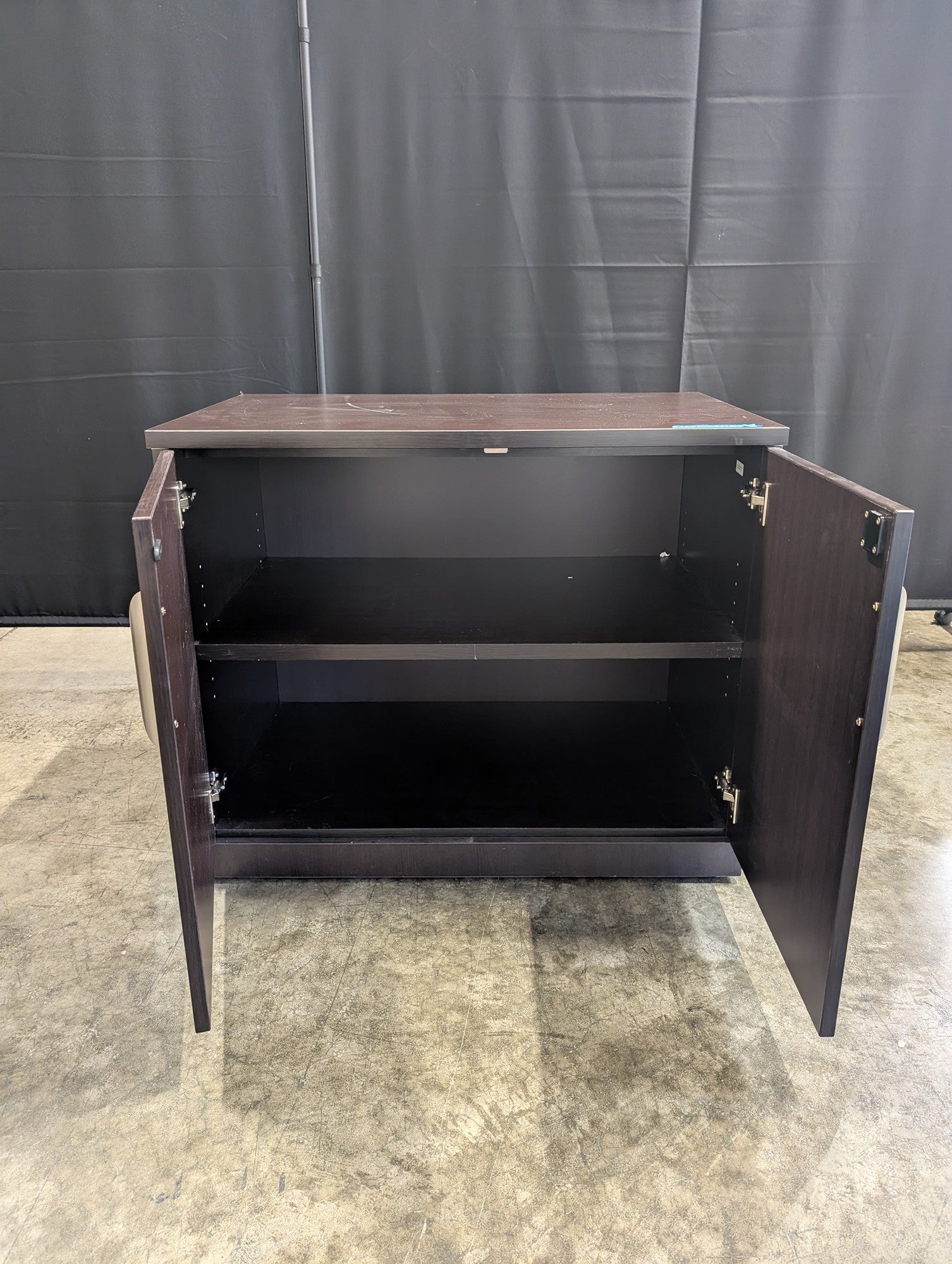 Dark Brown Two-Door Storage Cabinet with Missing Key