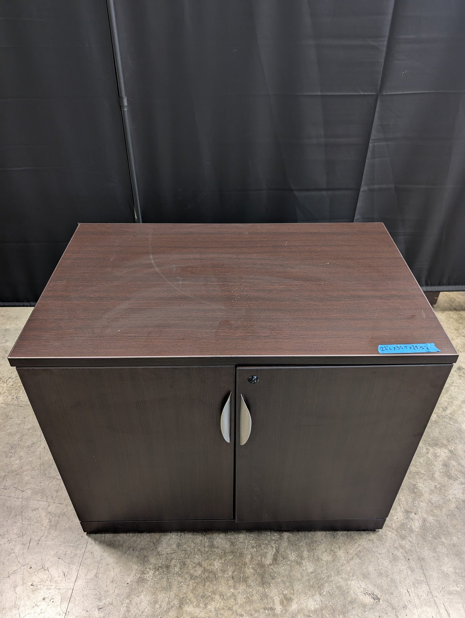Dark Brown Two-Door Storage Cabinet with Missing Key