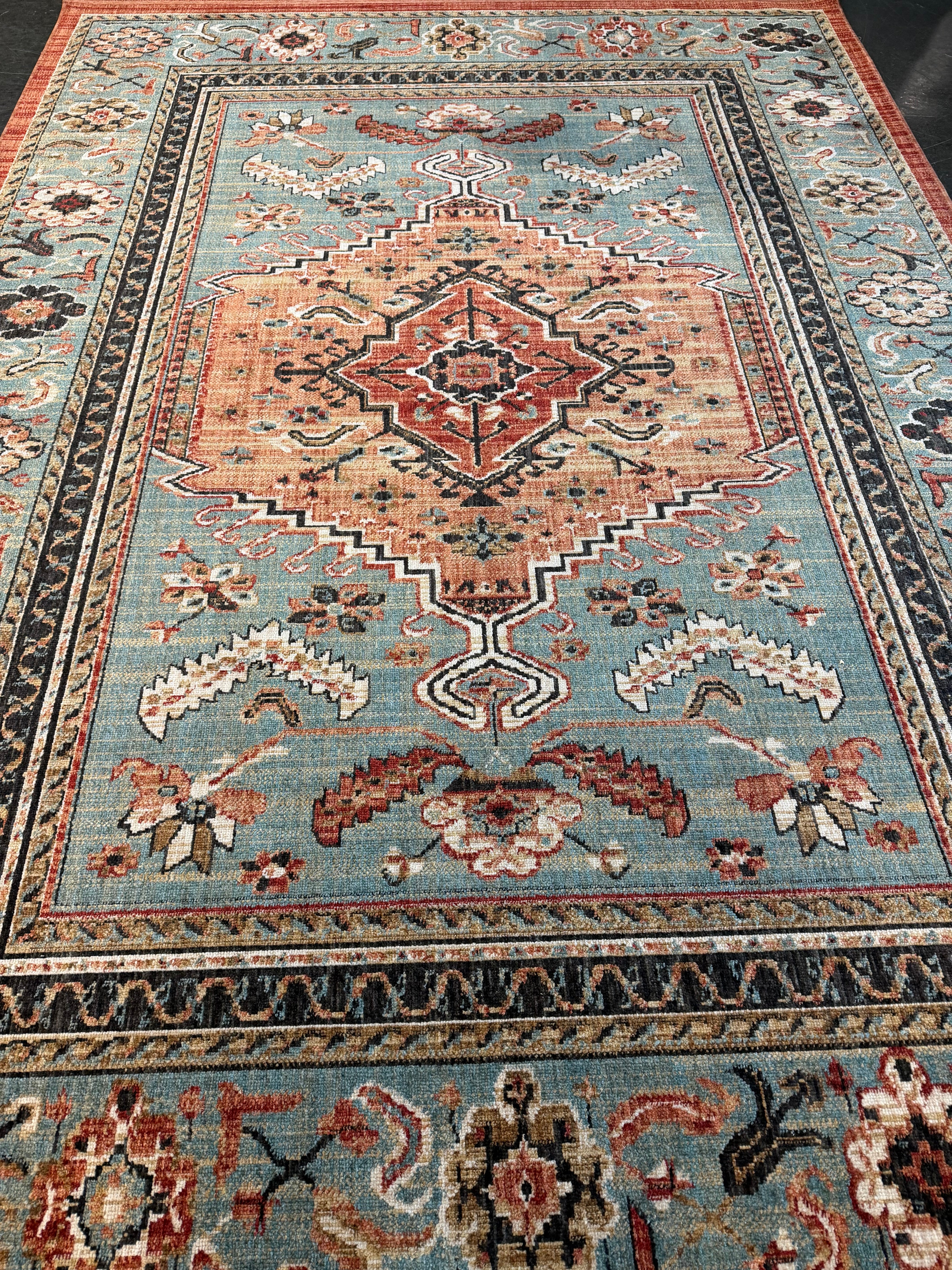 Traditional Teal and Rust Pattern 7 x 10 Area Rug