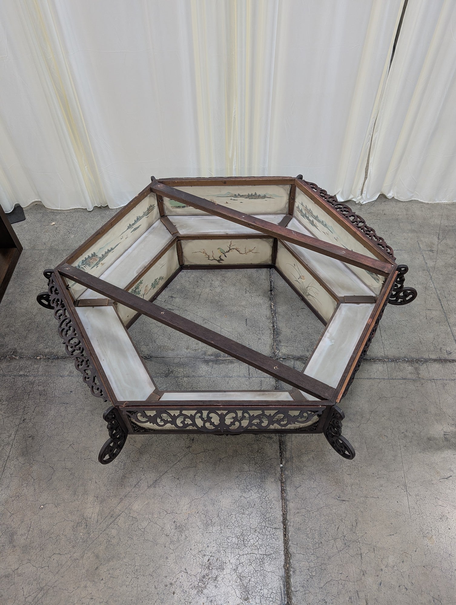 Hexagonal Dark Wood Lamp Shade with Painted Panels