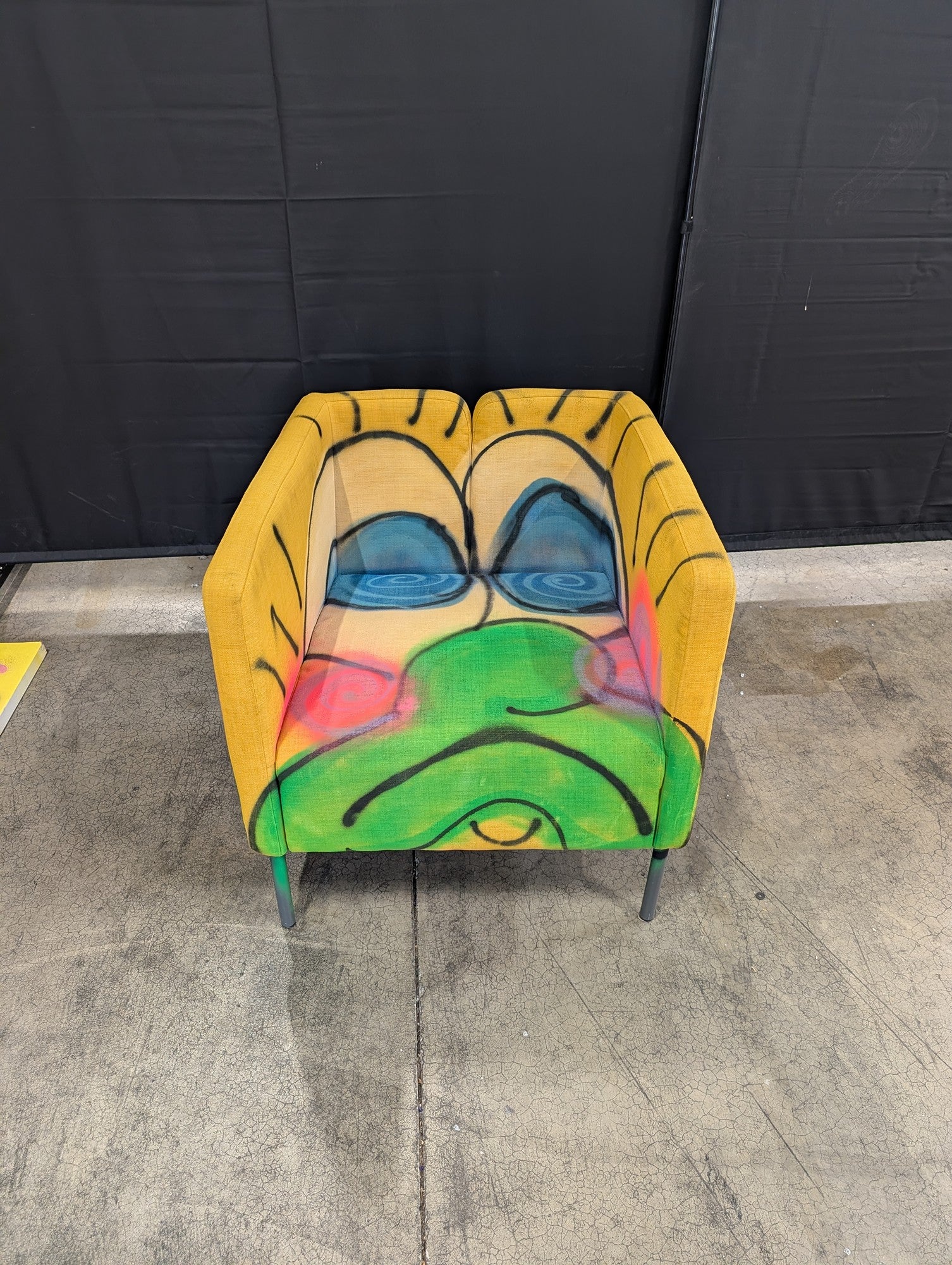 Modern Yellow Fabric Armchair with Graffiti Art