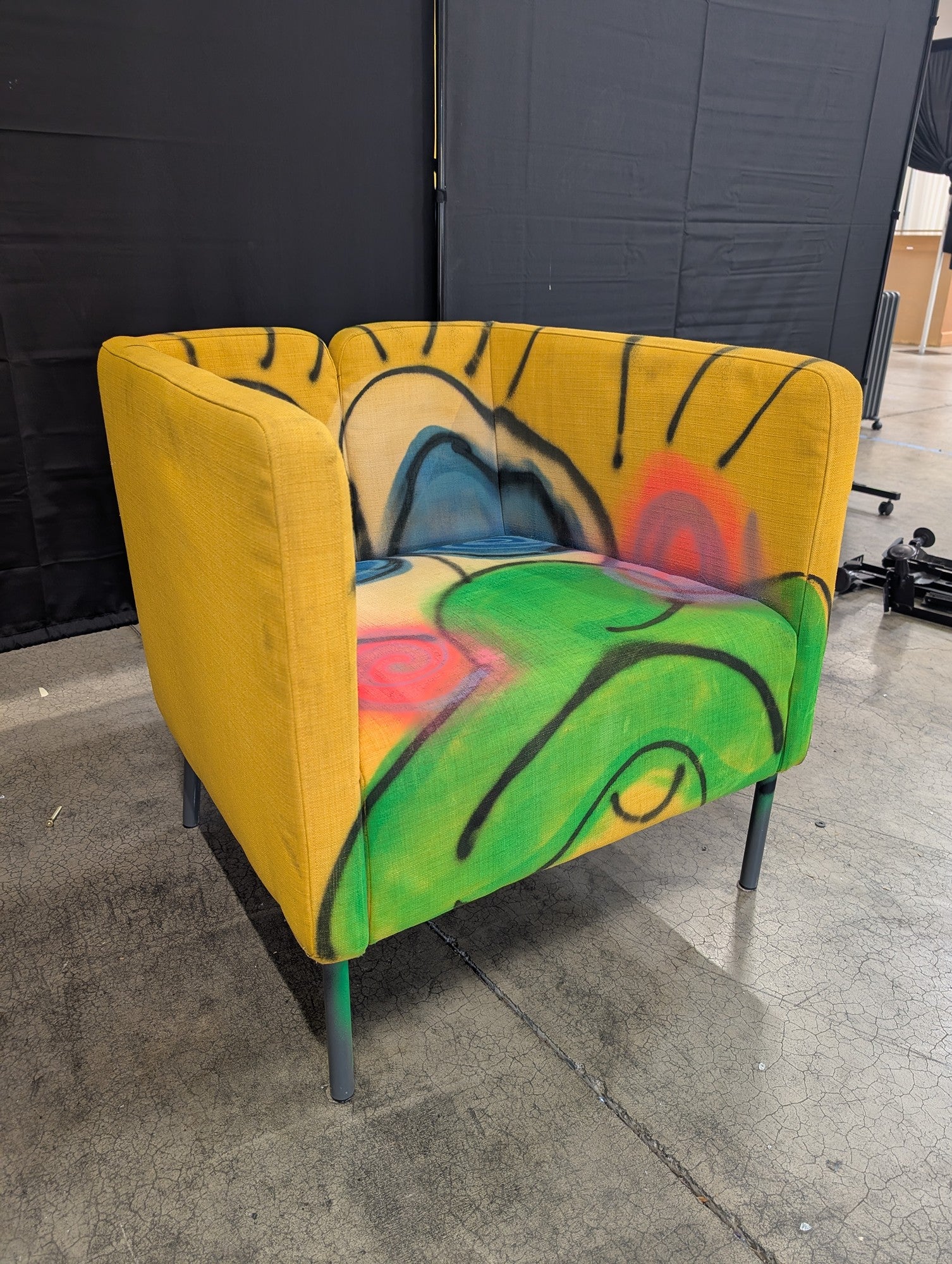 Modern Yellow Fabric Armchair with Graffiti Art
