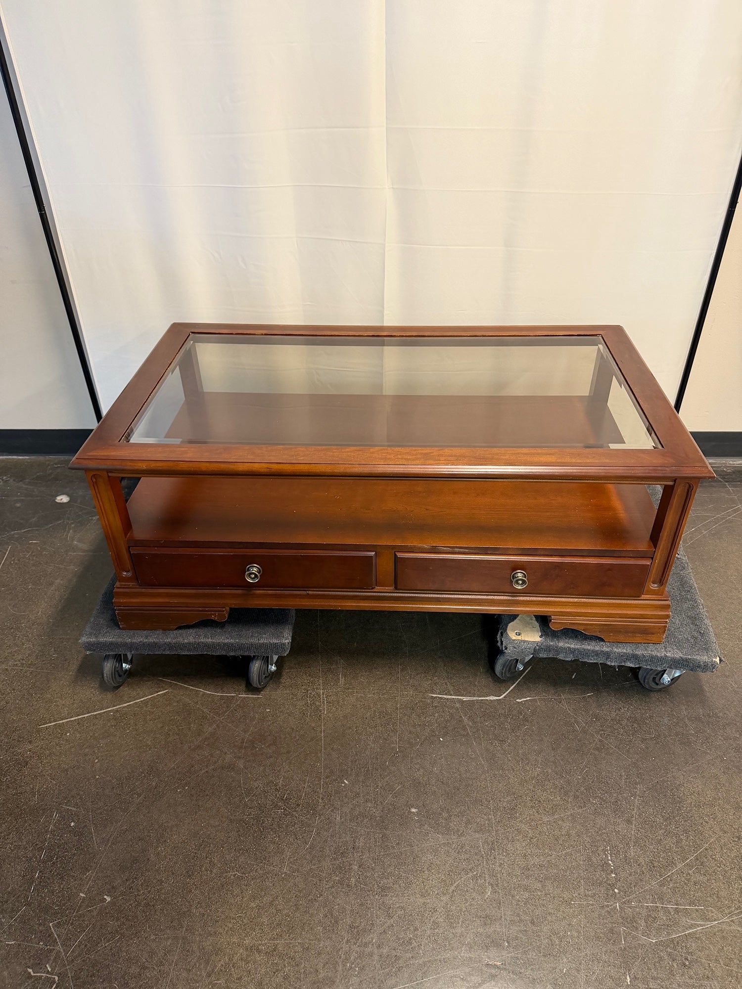 Cherry Wood Rectangular Coffee Table with Glass Top