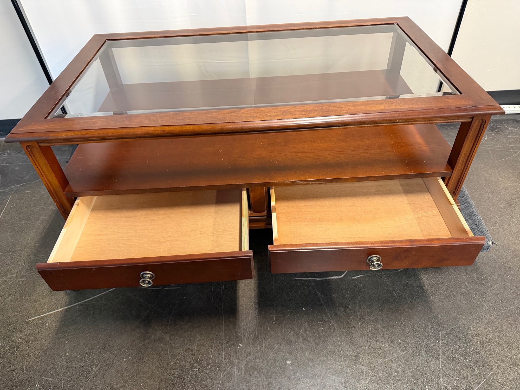Cherry Wood Rectangular Coffee Table with Glass Top