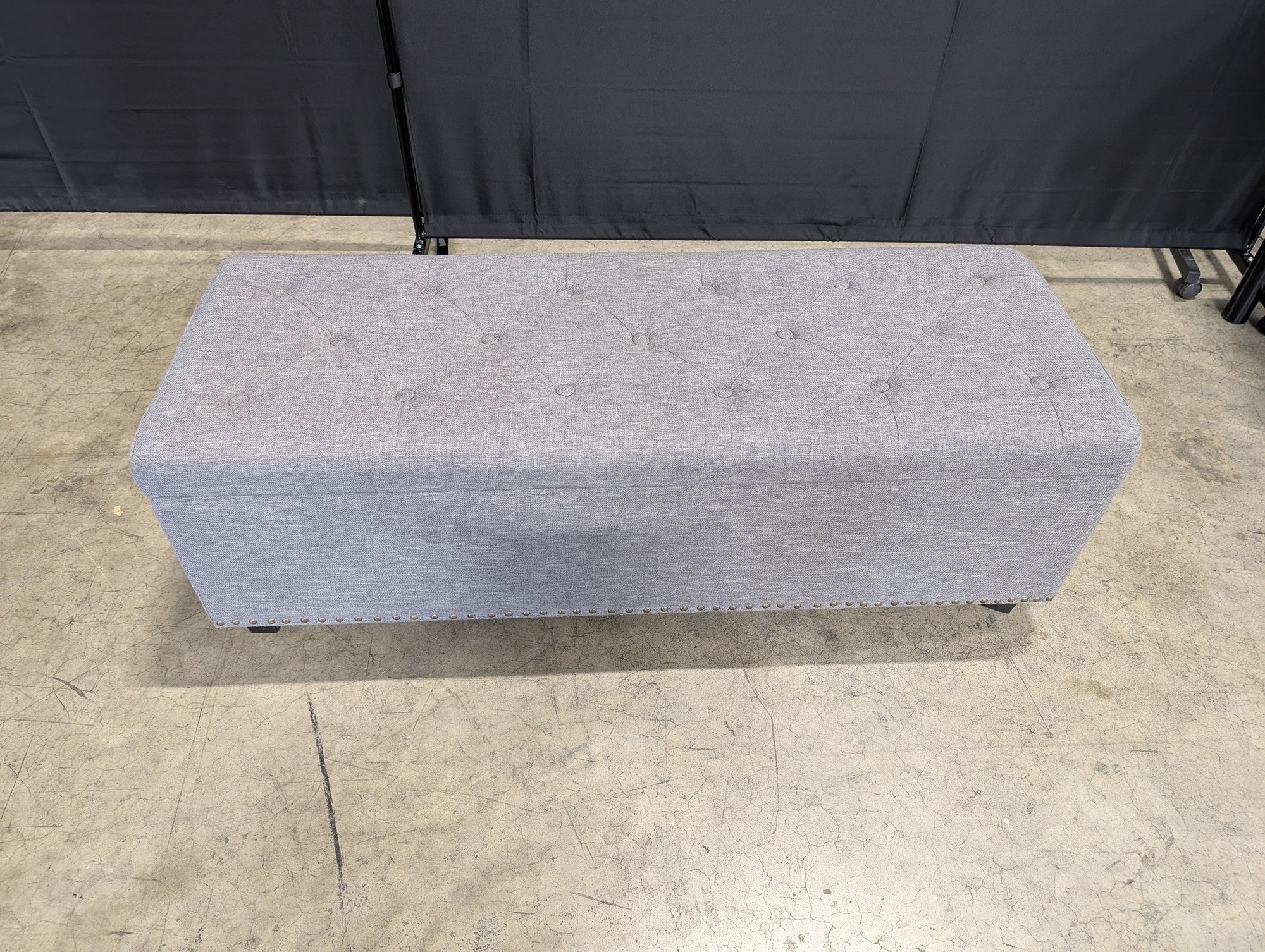 Grey Upholstered Storage Bench with Tufted Lid