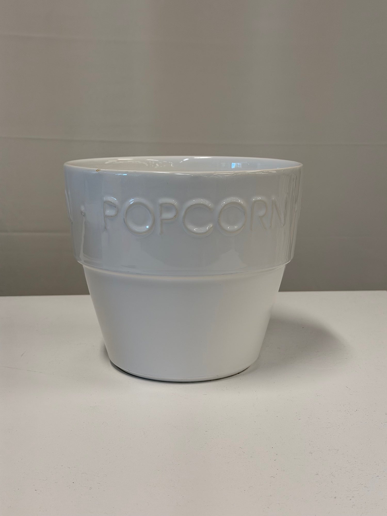 White Ceramic Popcorn Bowl Set with Embossed Lettering