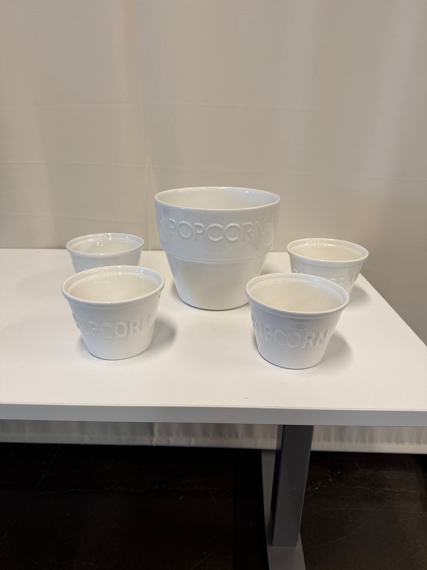 White Ceramic Popcorn Bowl Set with Embossed Lettering