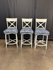 Set of Three White X-Back Swivel Bar Stools with Blue Plaid Upholstery | Farmhouse Style