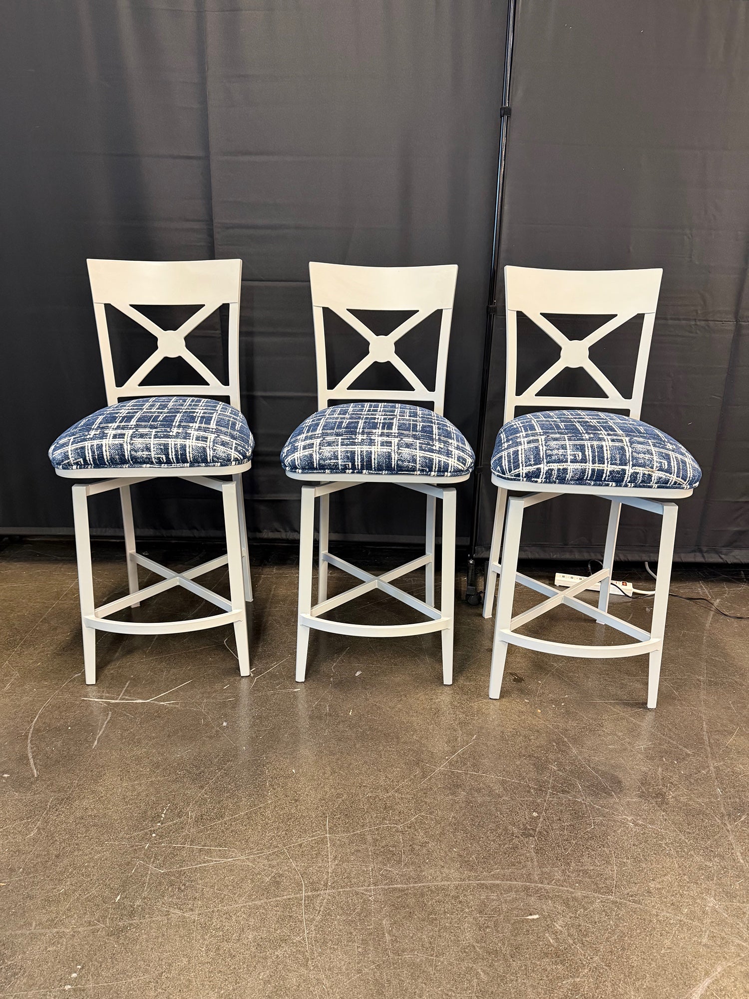 Set of Three White X-Back Swivel Bar Stools with Blue Plaid Upholstery | Farmhouse Style
