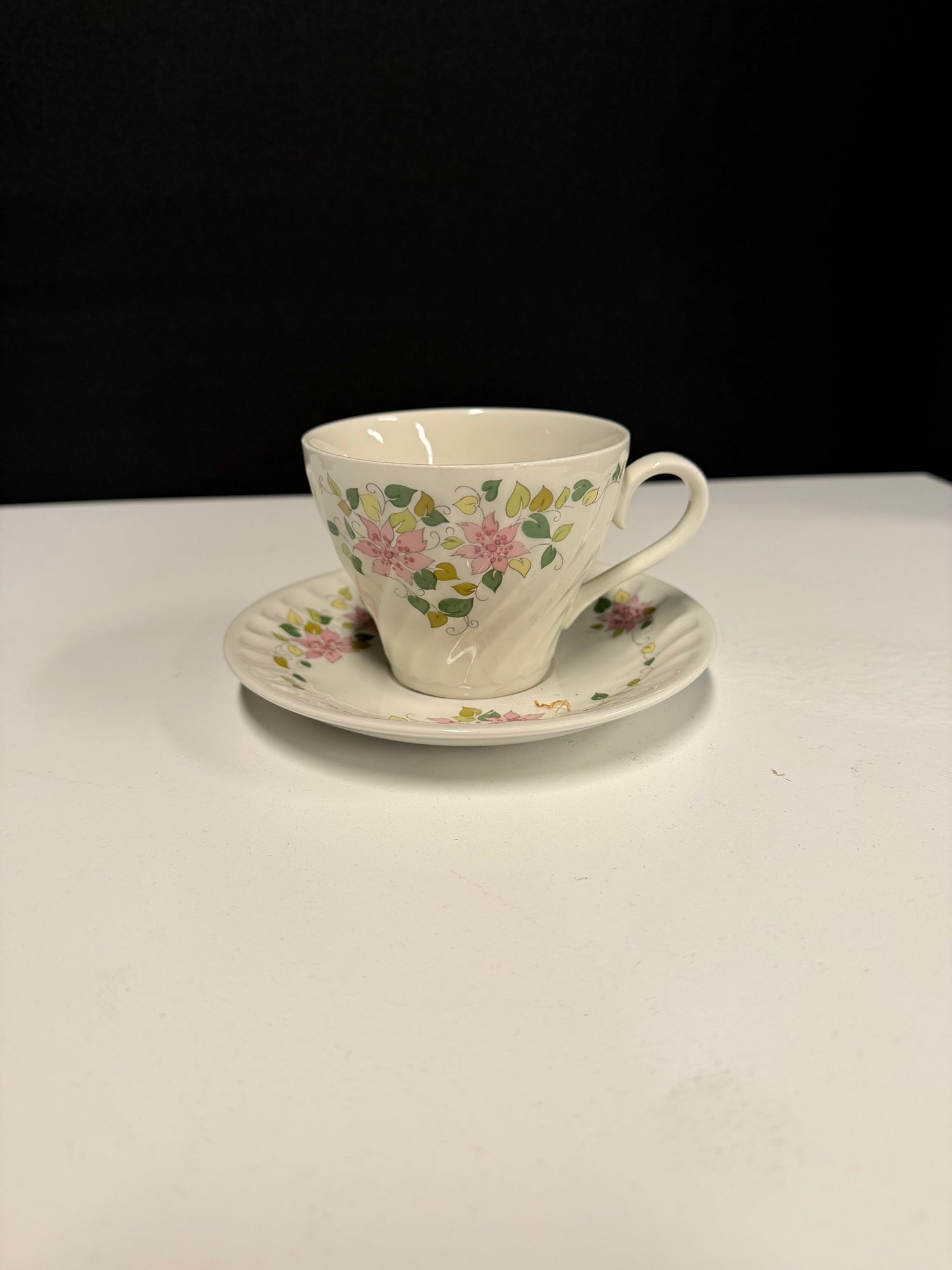Pontesa White Floral Ceramic Teacup with Saucer