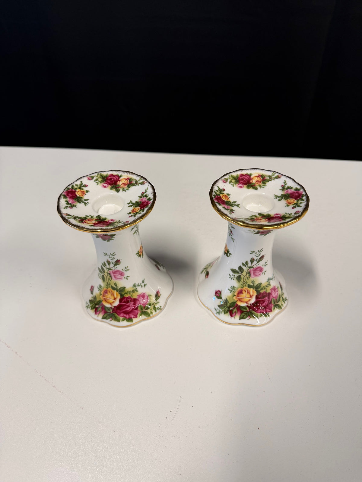 Pair of Royal Albert Montrose Rose Porcelain Candle Holders in Box