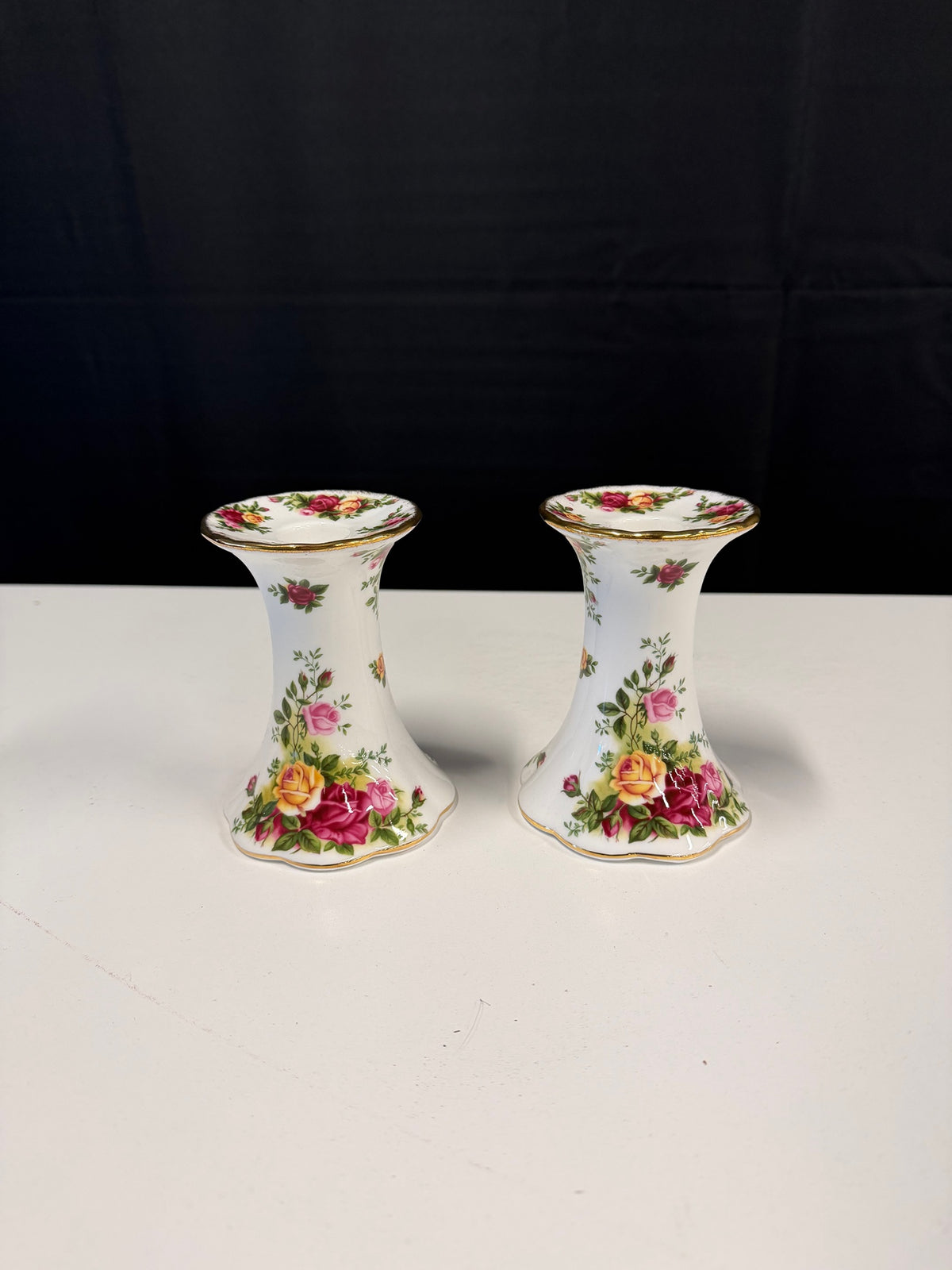 Pair of Royal Albert Montrose Rose Porcelain Candle Holders in Box
