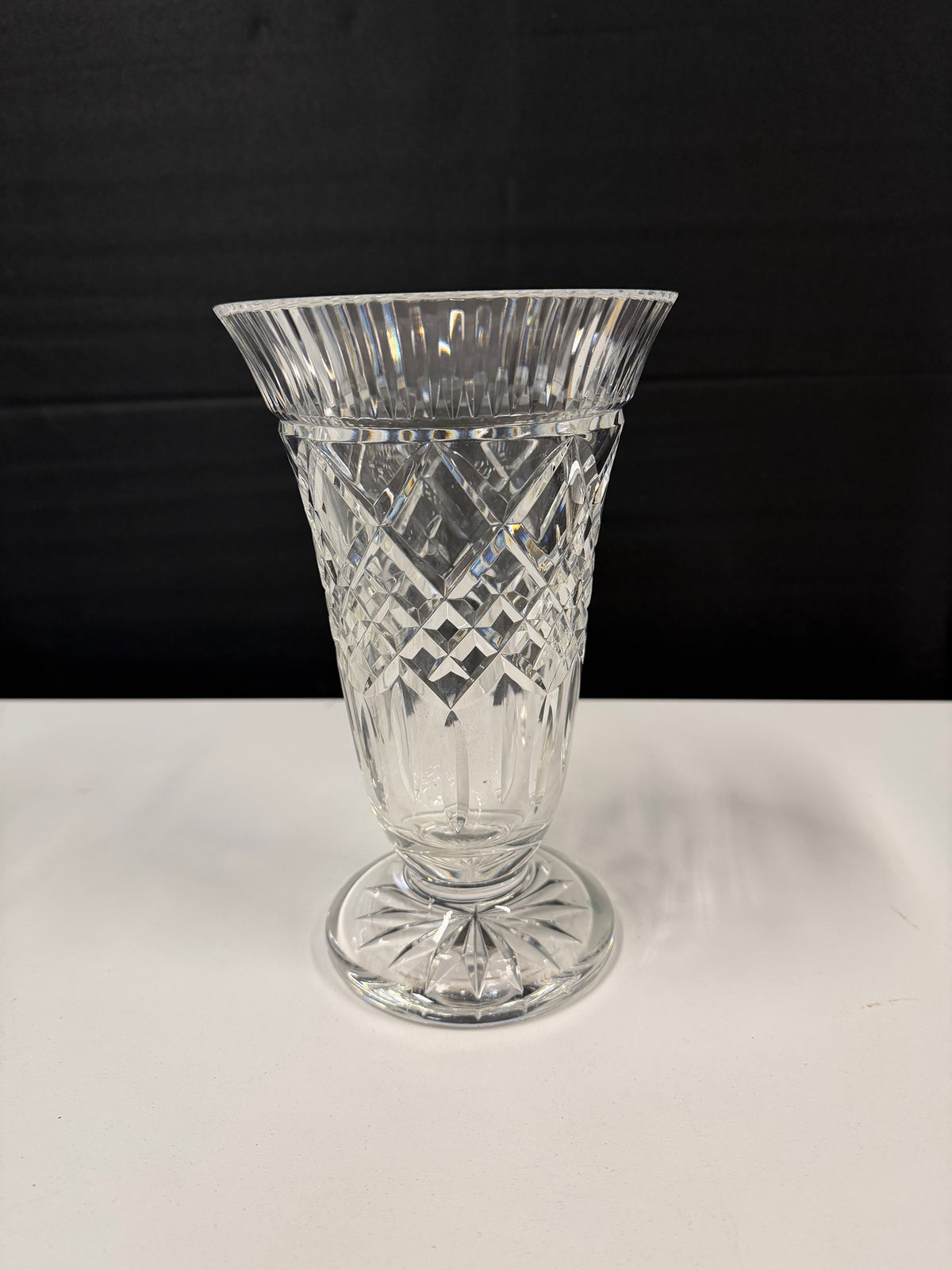Clear Cut Glass Pedestal Vase with Diamond Pattern
