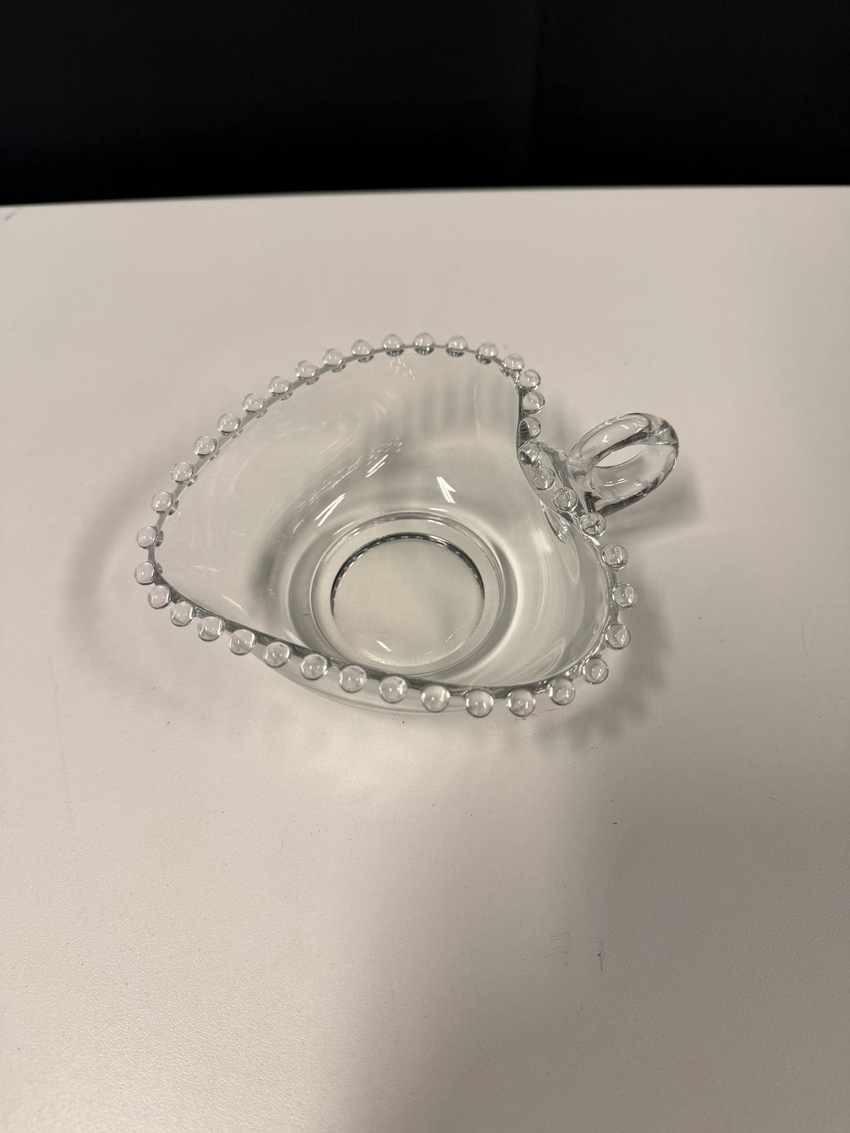 Clear Heart-Shaped Glass Gravy Boat with Beaded Rim