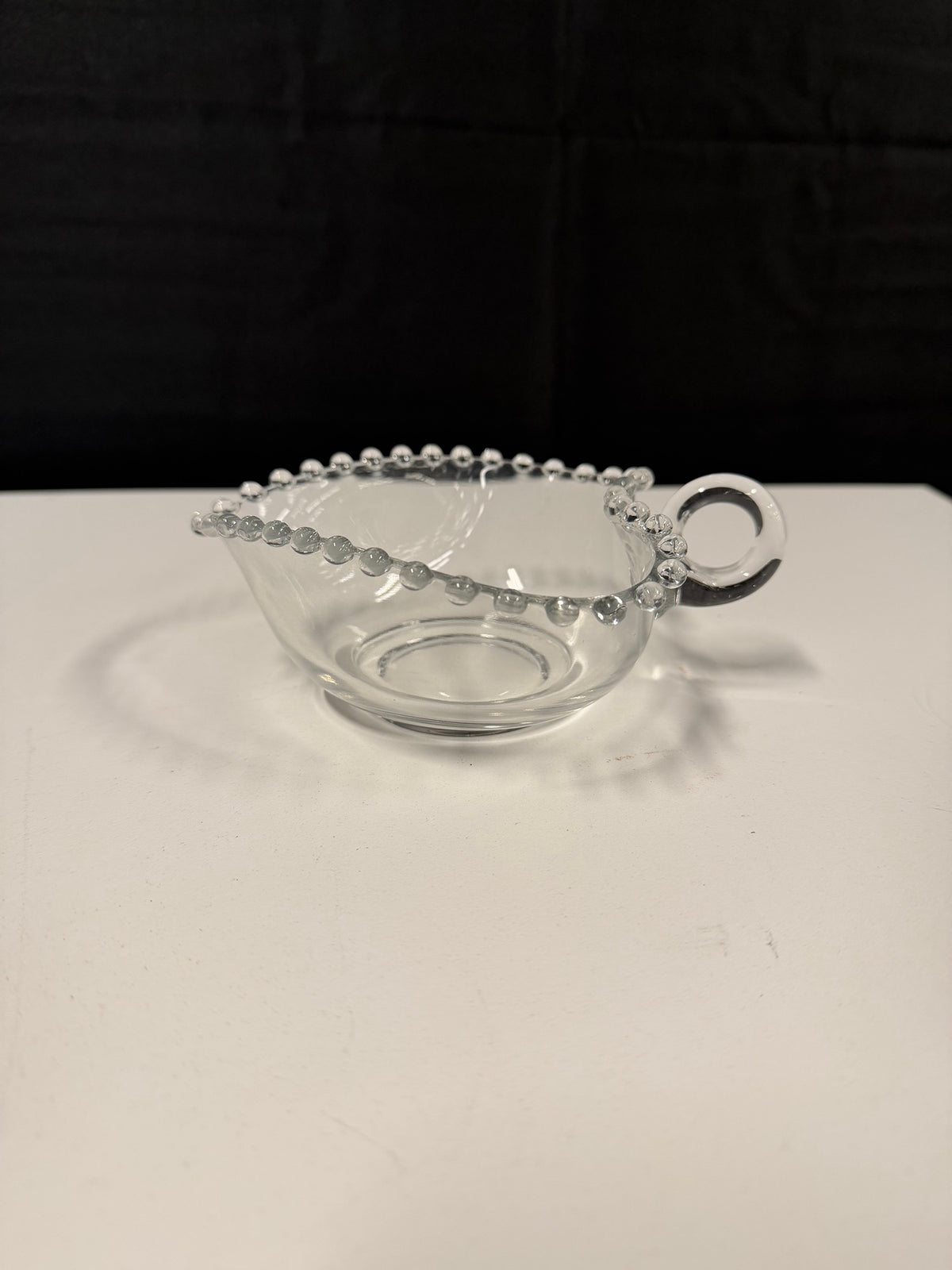 Clear Heart-Shaped Glass Gravy Boat with Beaded Rim