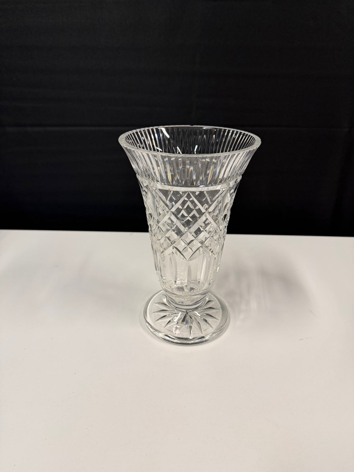 Clear Cut Glass Pedestal Vase with Diamond Pattern