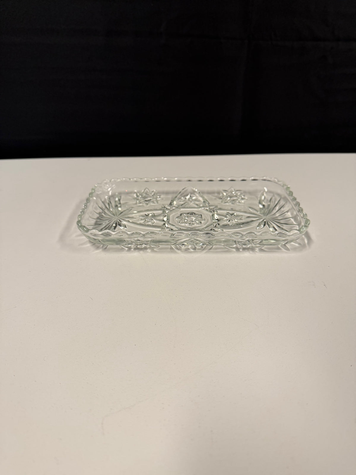 Clear Pressed Glass Rectangular Dish with Starburst Pattern