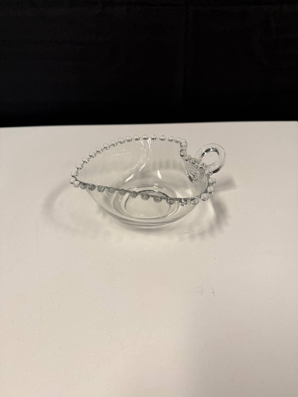 Clear Heart-Shaped Glass Gravy Boat with Beaded Rim