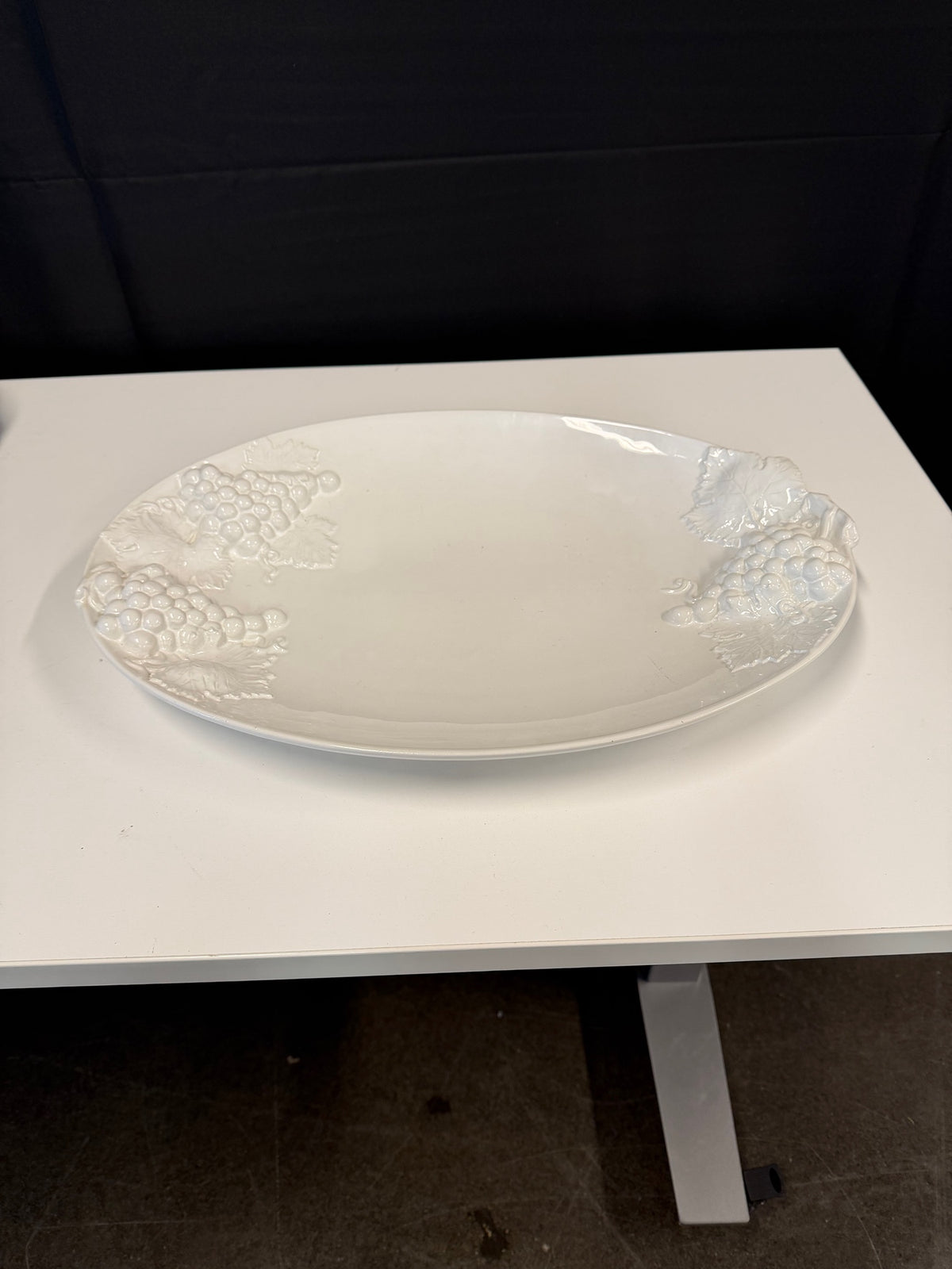 White Italian Porcelain Oval Serving Platter with Embossed Grapes