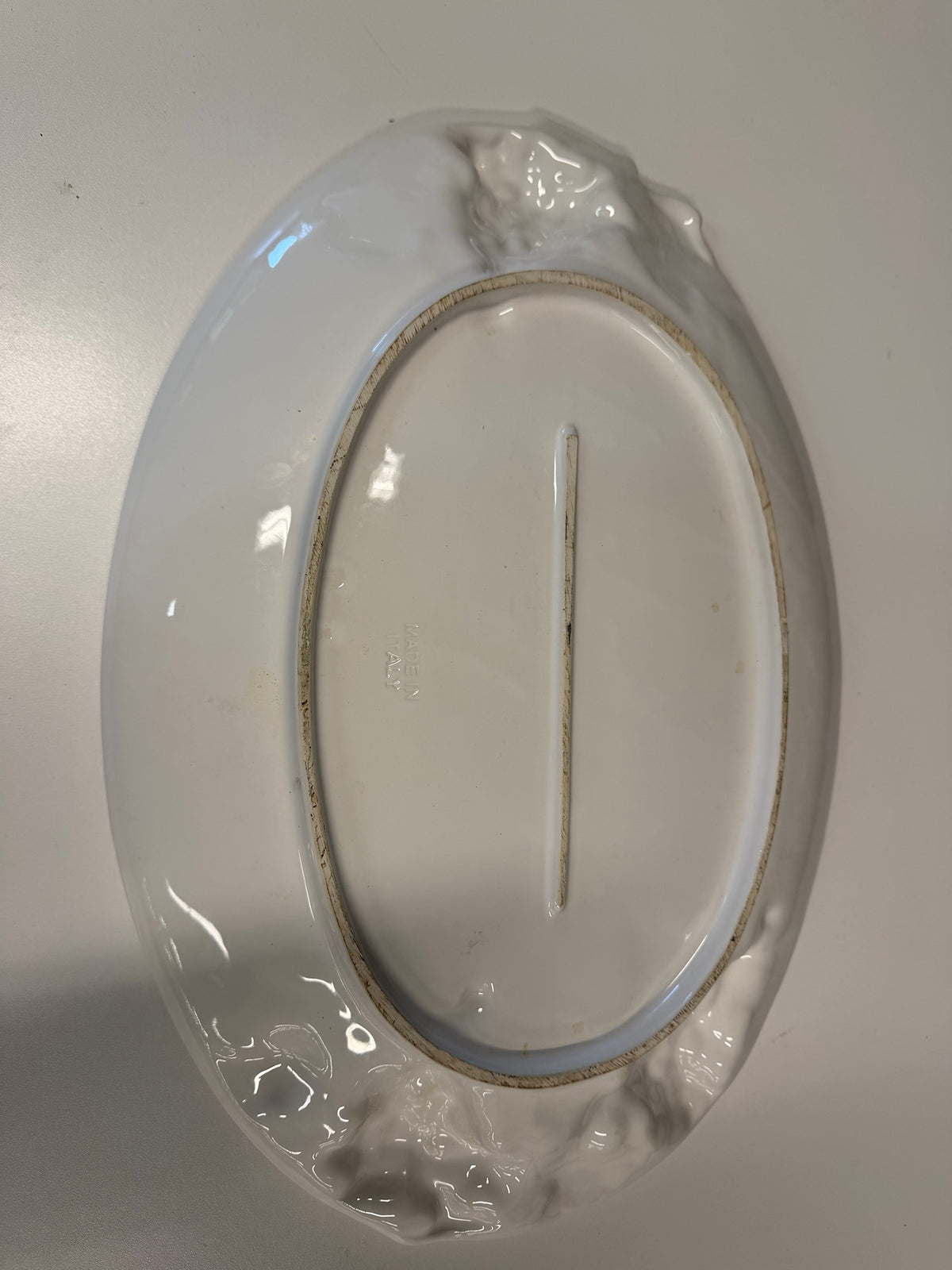 White Italian Porcelain Oval Serving Platter with Embossed Grapes