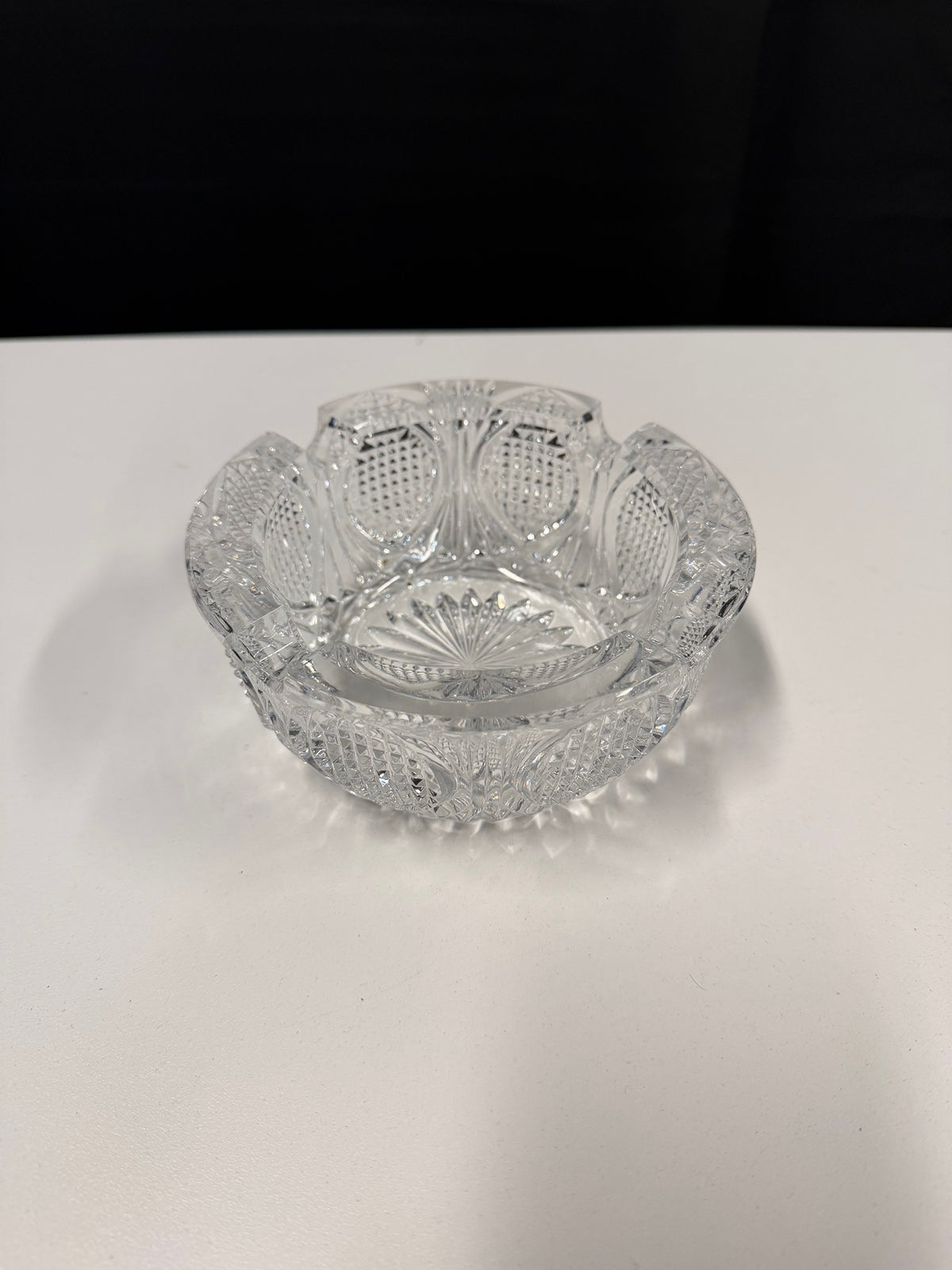 Clear Cut Glass Ashtray with Ornate Pattern