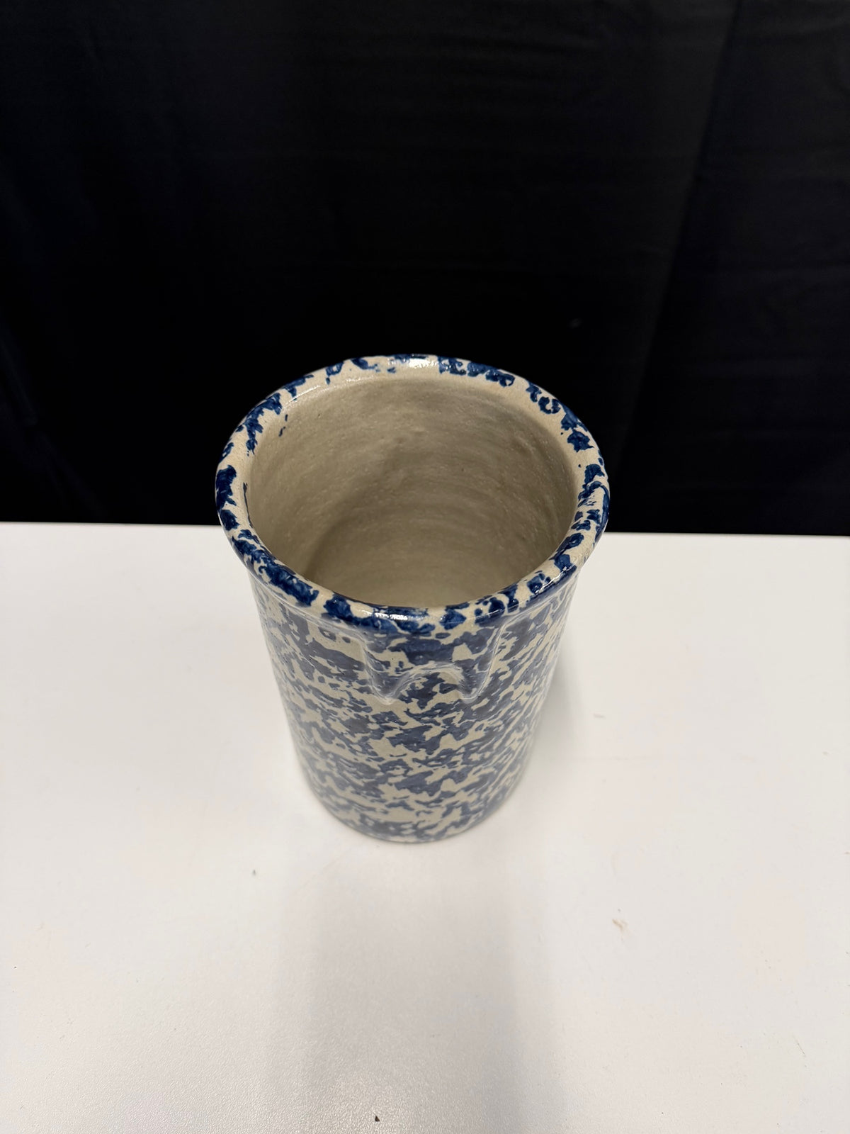 Blue and White Spatterware Ceramic Crock