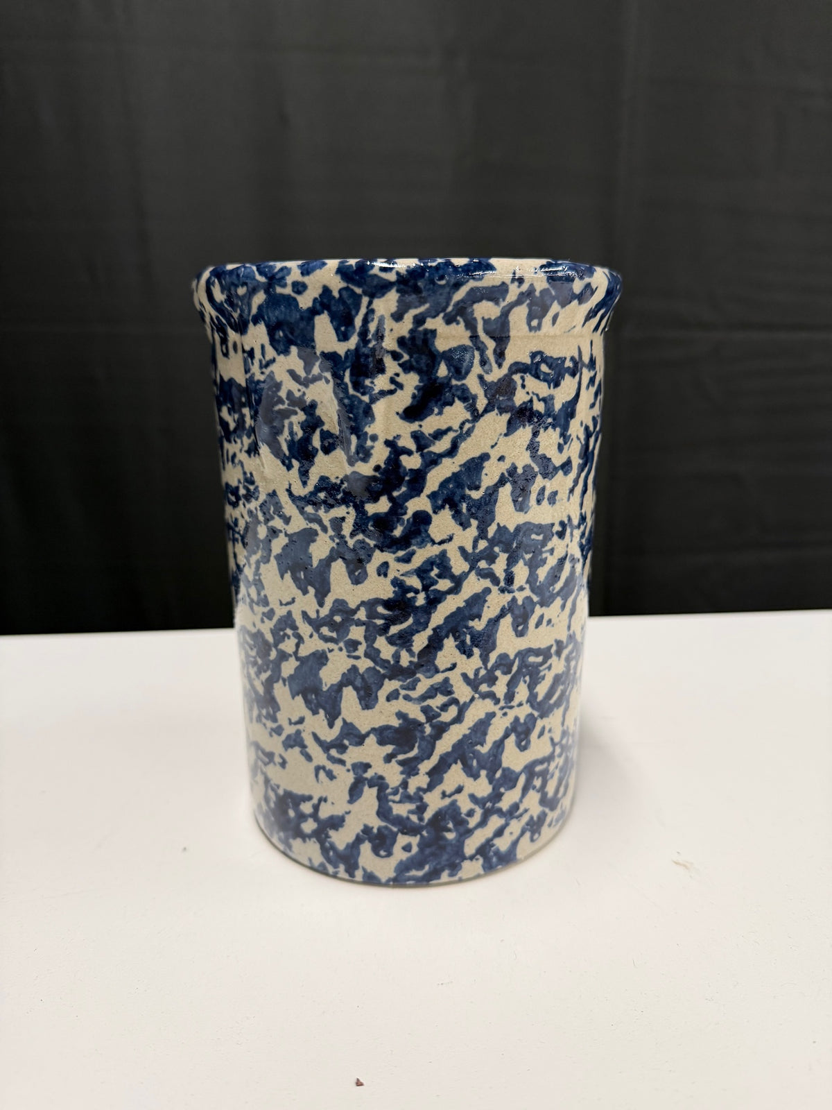 Blue and White Spatterware Ceramic Crock