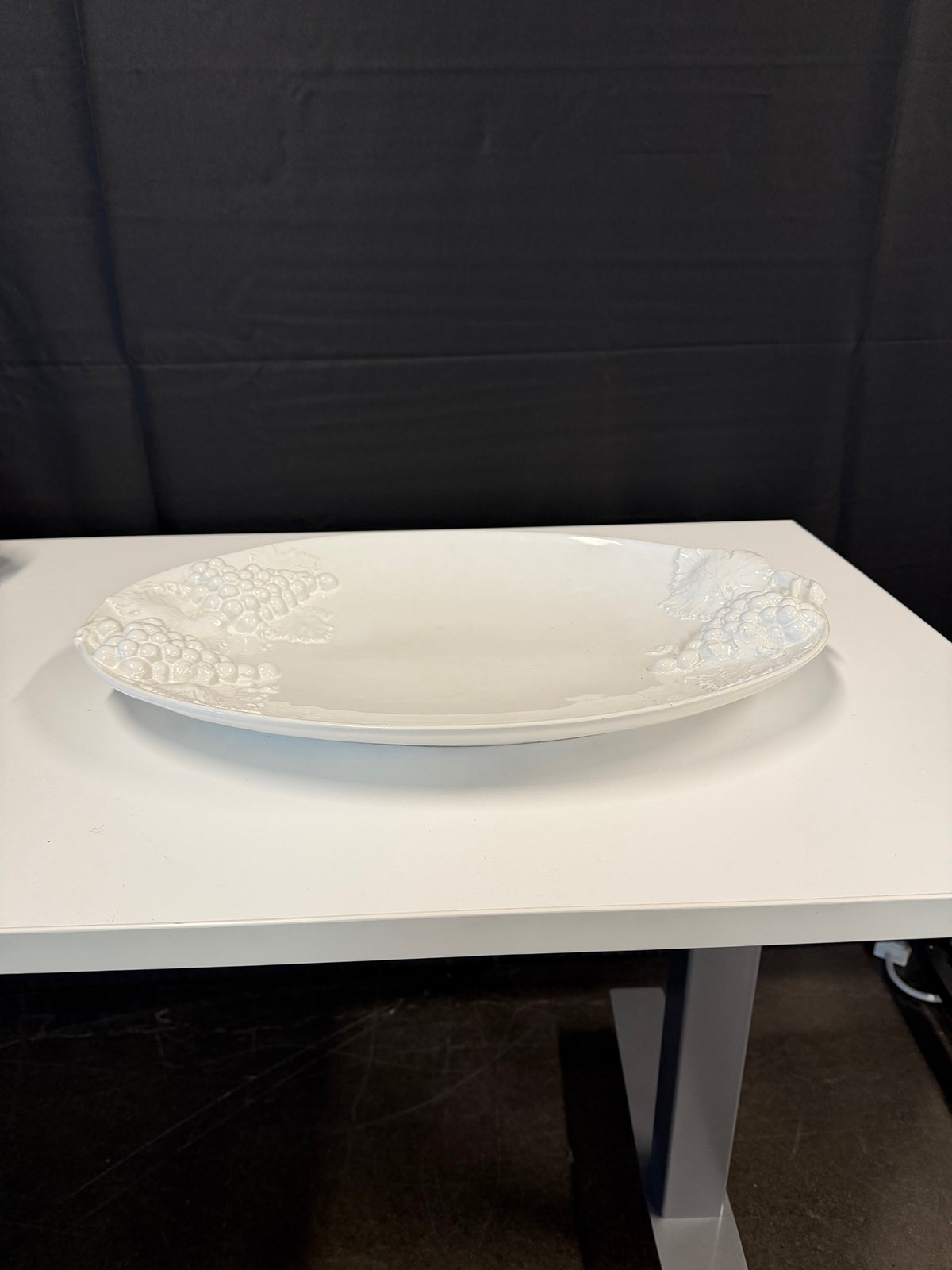 White Italian Porcelain Oval Serving Platter with Embossed Grapes