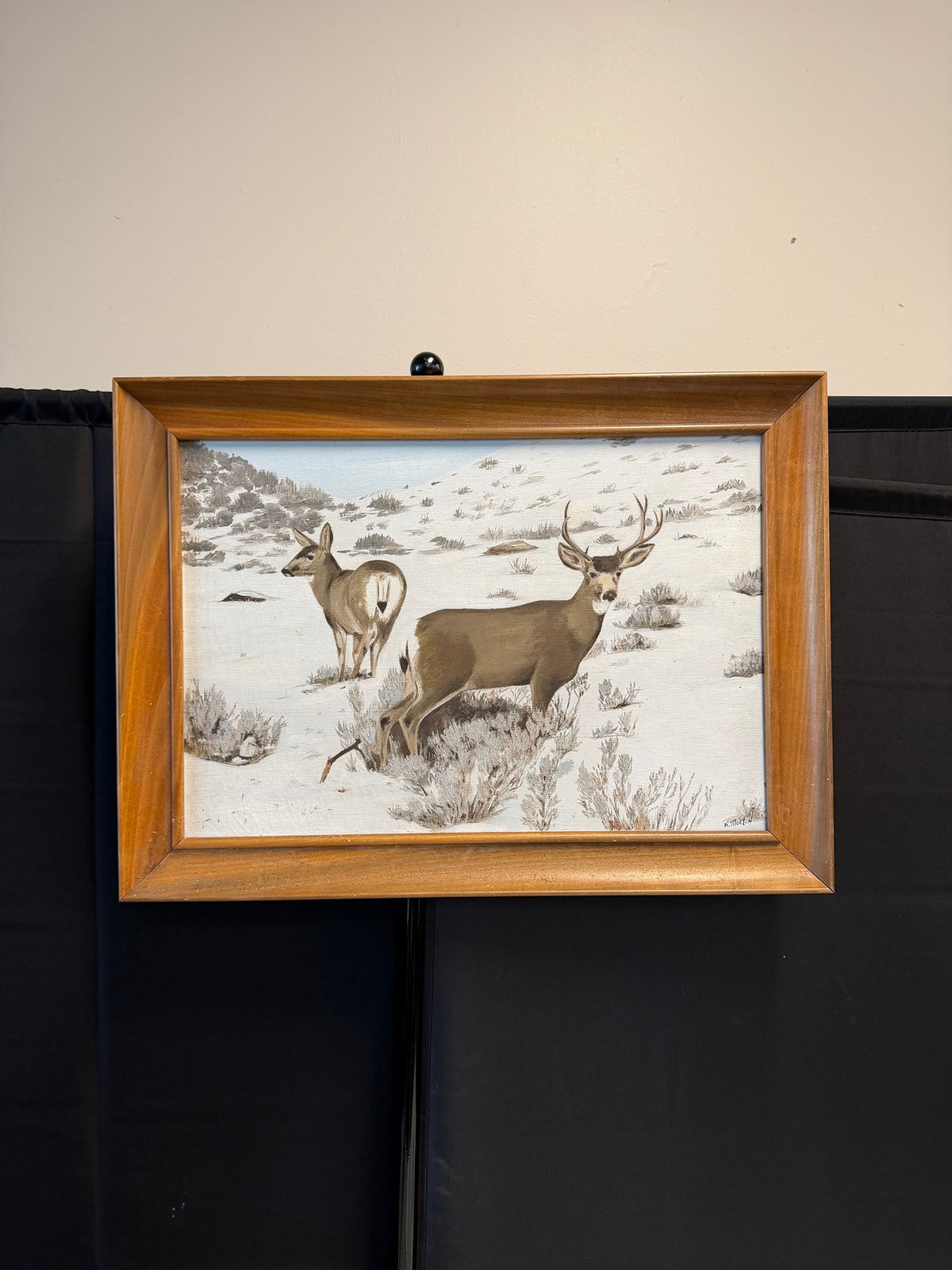 N. Morton Signed Winter Deer Landscape Painting in Wood Frame
