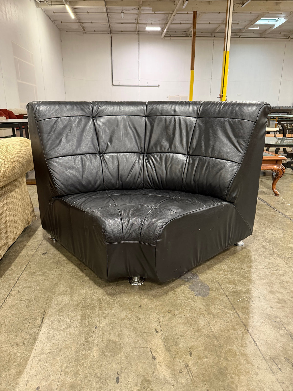 Black Tufted Leather Corner Sectional Couch