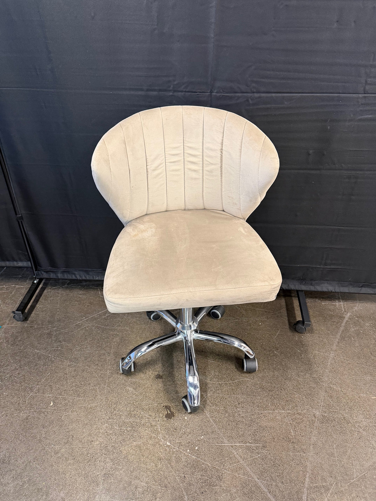 Beige Upholstered Swivel Office Chair with Chrome Base