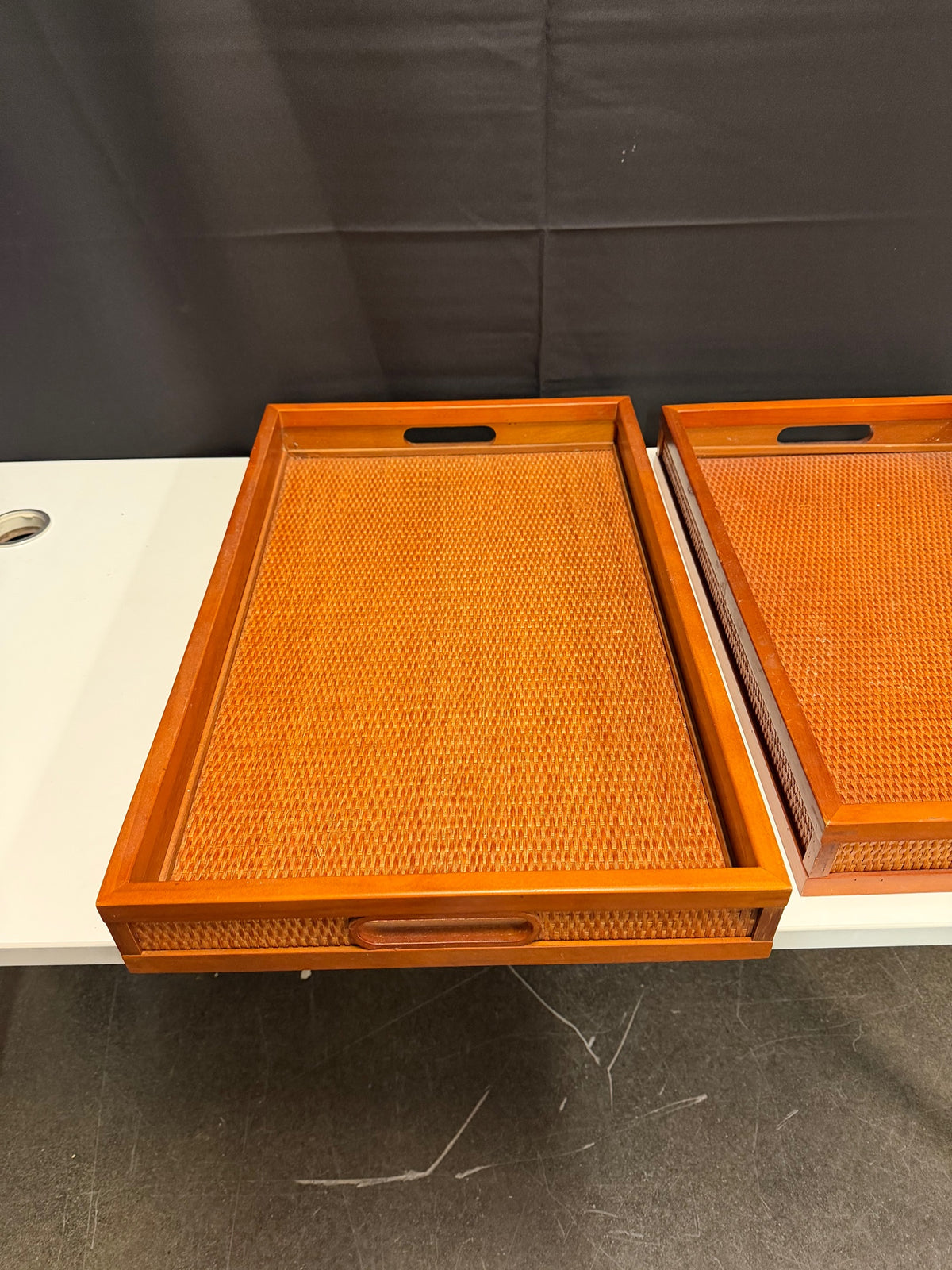 Pair of Rectangular Wood Serving Trays with Rattan Inlay
