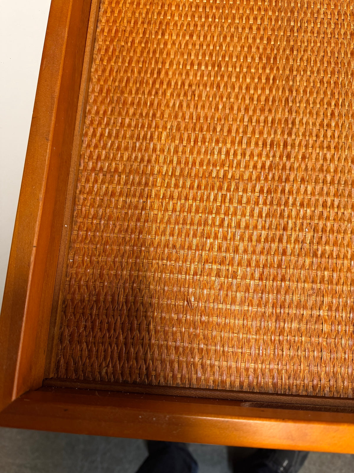 Pair of Rectangular Wood Serving Trays with Rattan Inlay