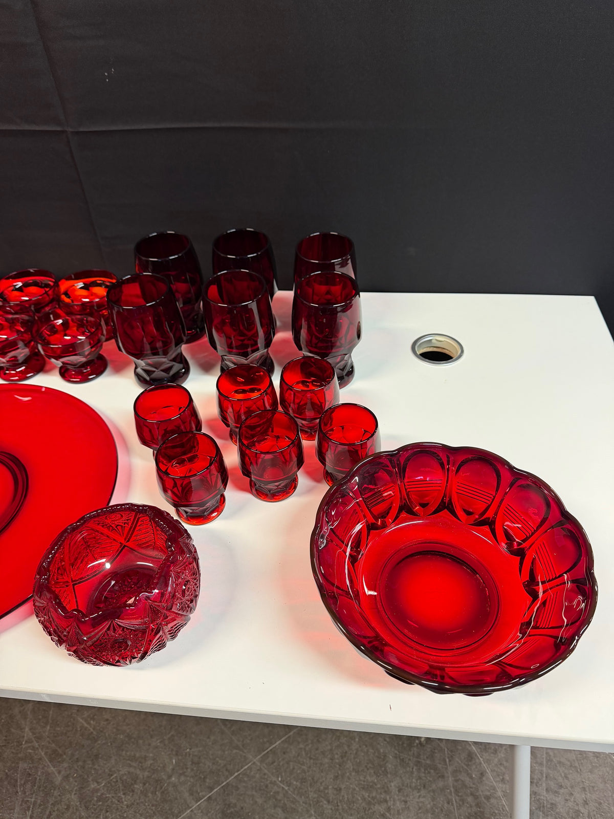 Vintage Ruby Red Glassware Set, 25 Pieces: Viking Georgian Honeycomb, Fenton Lotus & Arcoroc