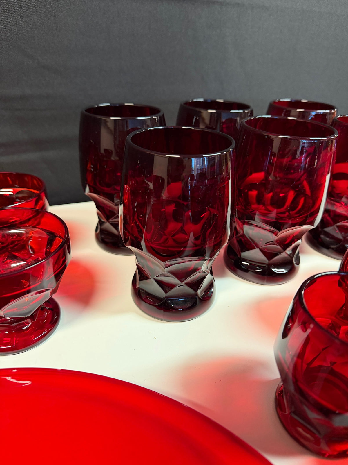 Vintage Ruby Red Glassware Set, 25 Pieces: Viking Georgian Honeycomb, Fenton Lotus & Arcoroc